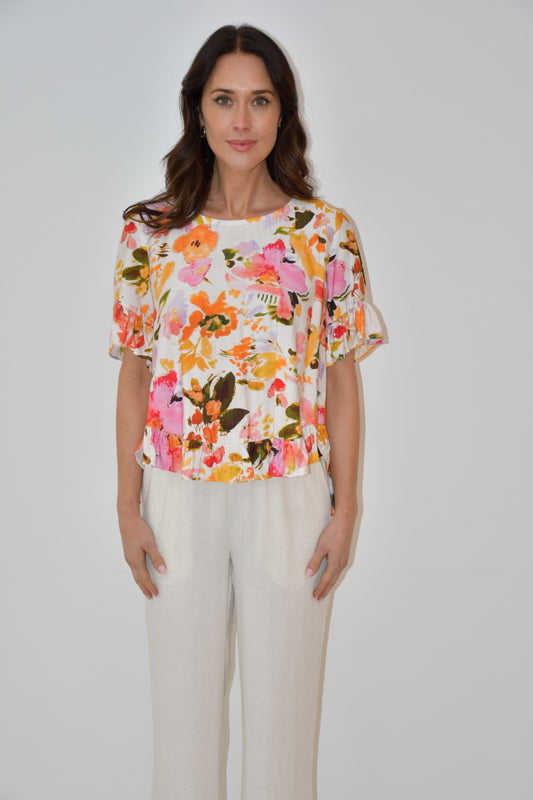 LA0479-1J - Floral Print Ruffle Hem Top