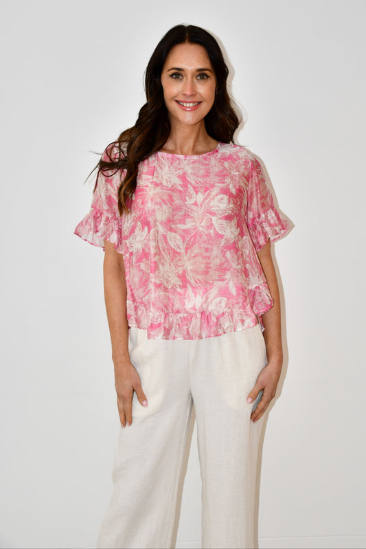 LA0479J - Pink Floral Print Ruffle Hem Top