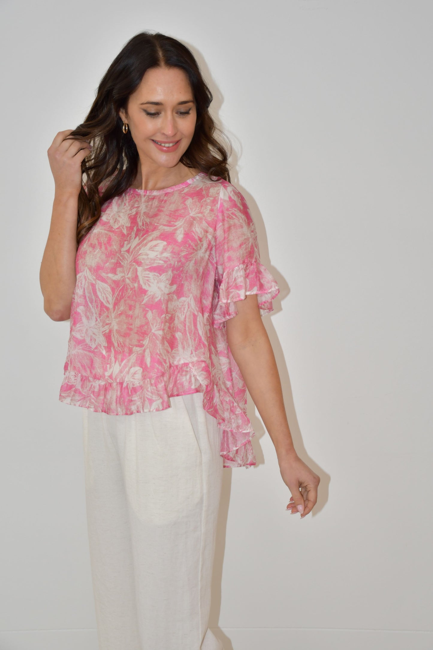 LA0479J - Pink Floral Print Ruffle Hem Top