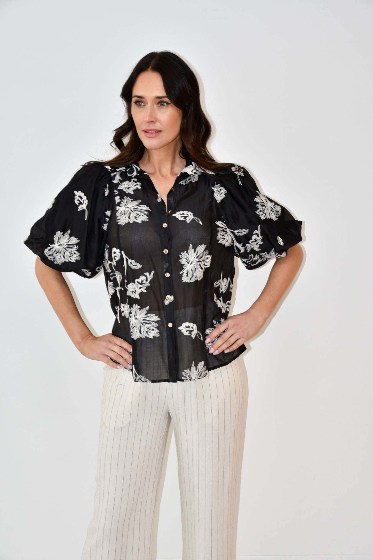 LA1065J  Black Sheer Floral Embroidered Puff Sleeve Blouse