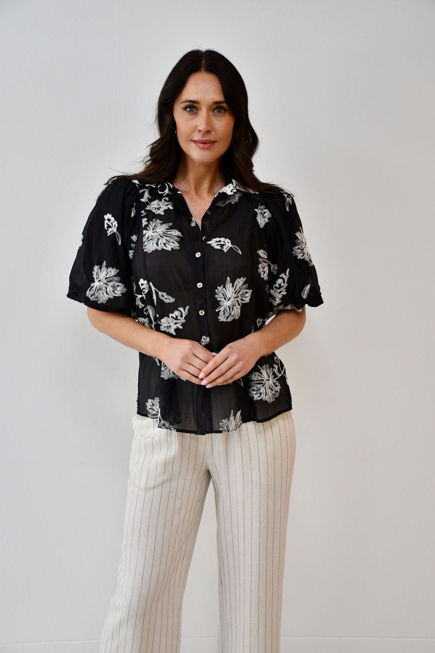 LA1065J  Black Sheer Floral Embroidered Puff Sleeve Blouse