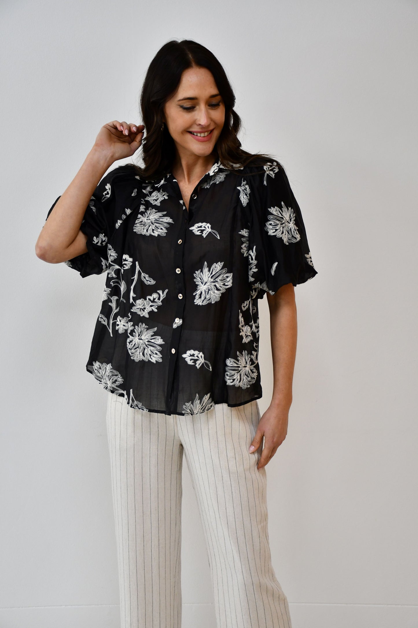 LA1065J  Black Sheer Floral Embroidered Puff Sleeve Blouse