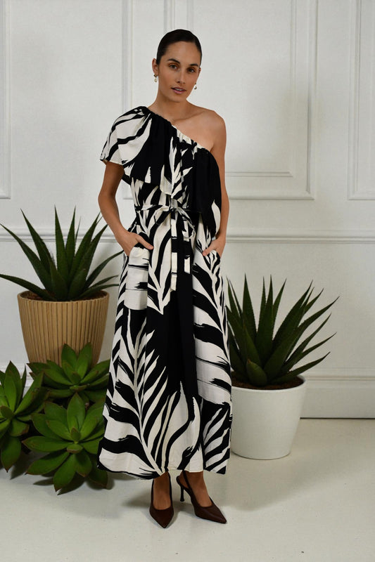 LA1505J -  One-Shoulder Leaf Print Maxi Dress