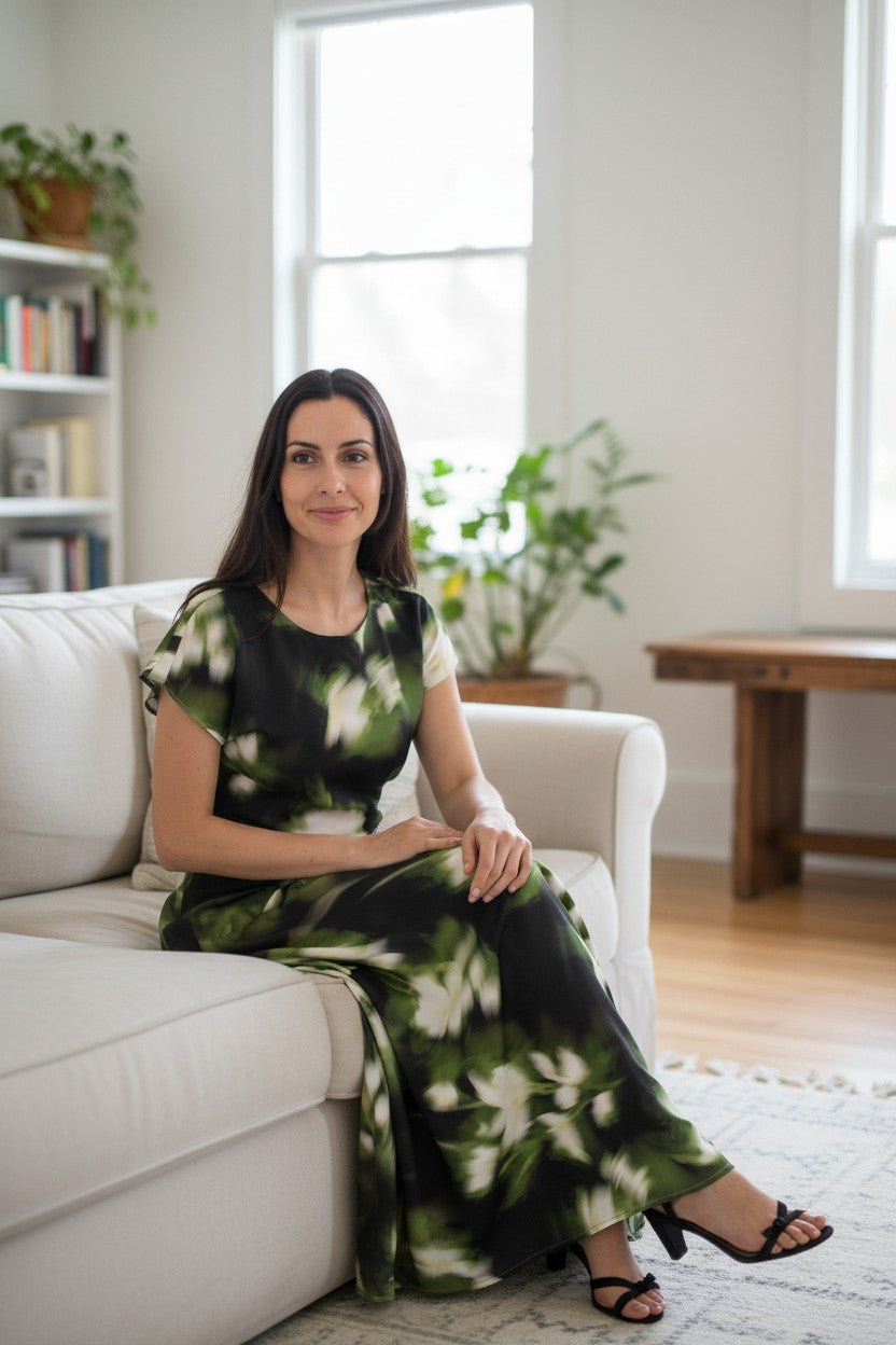 LA1747-4J Botanical Blur Satin Maxi Dress