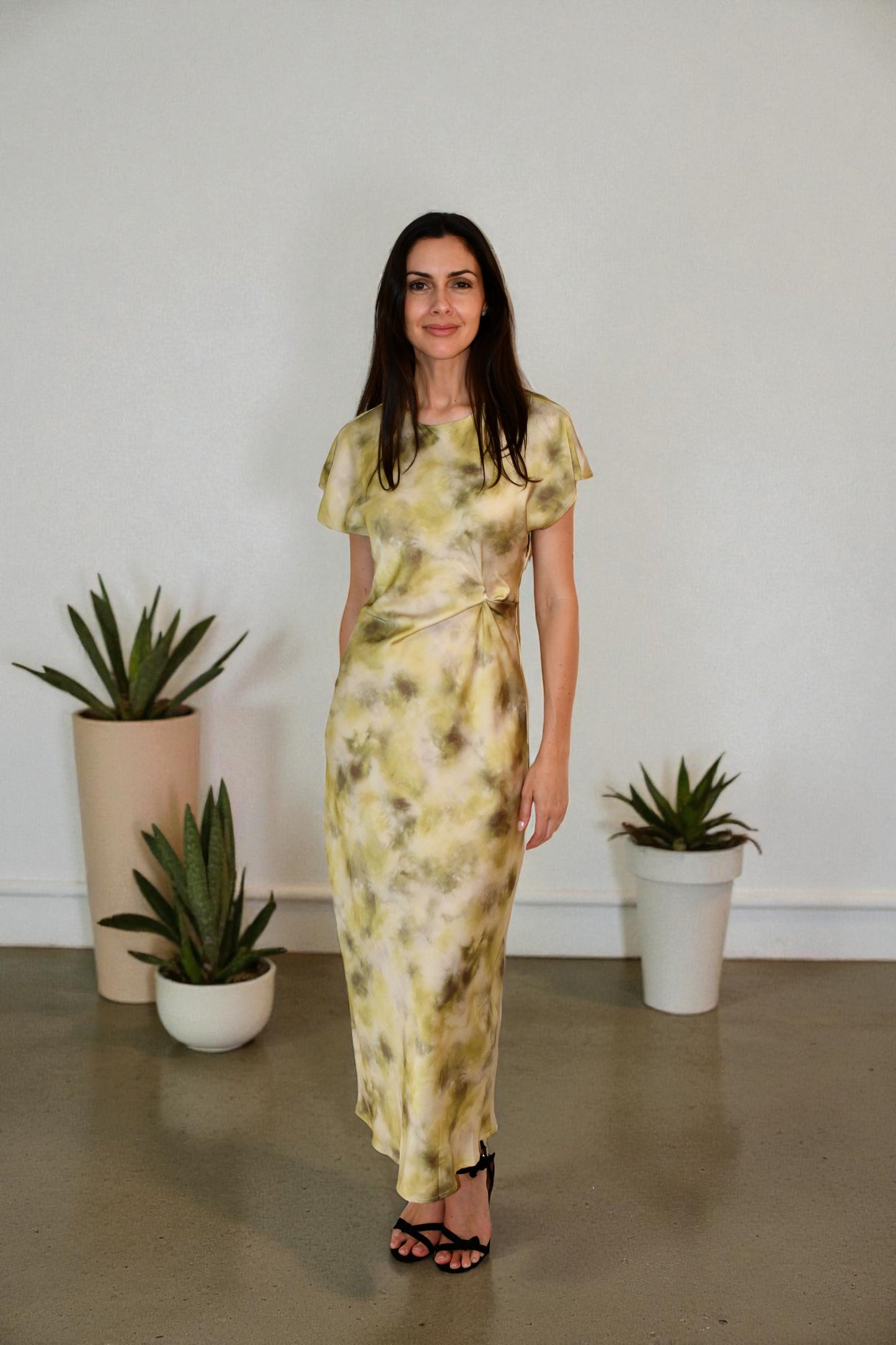 LA1747-6J - Satin Twist-Front Midi Dress - Multi/Gold