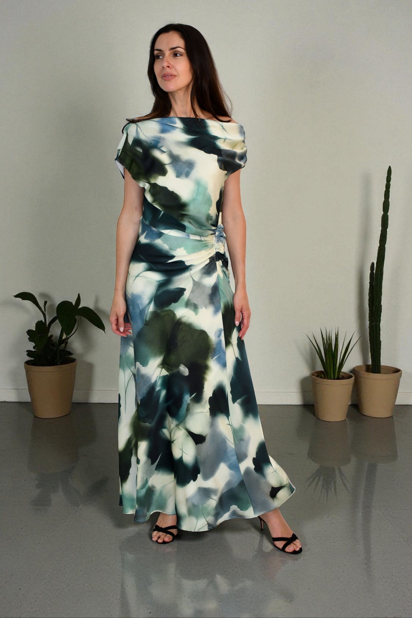 LA1774-7J  One/Cold -Shoulder Ruched Dress - Green