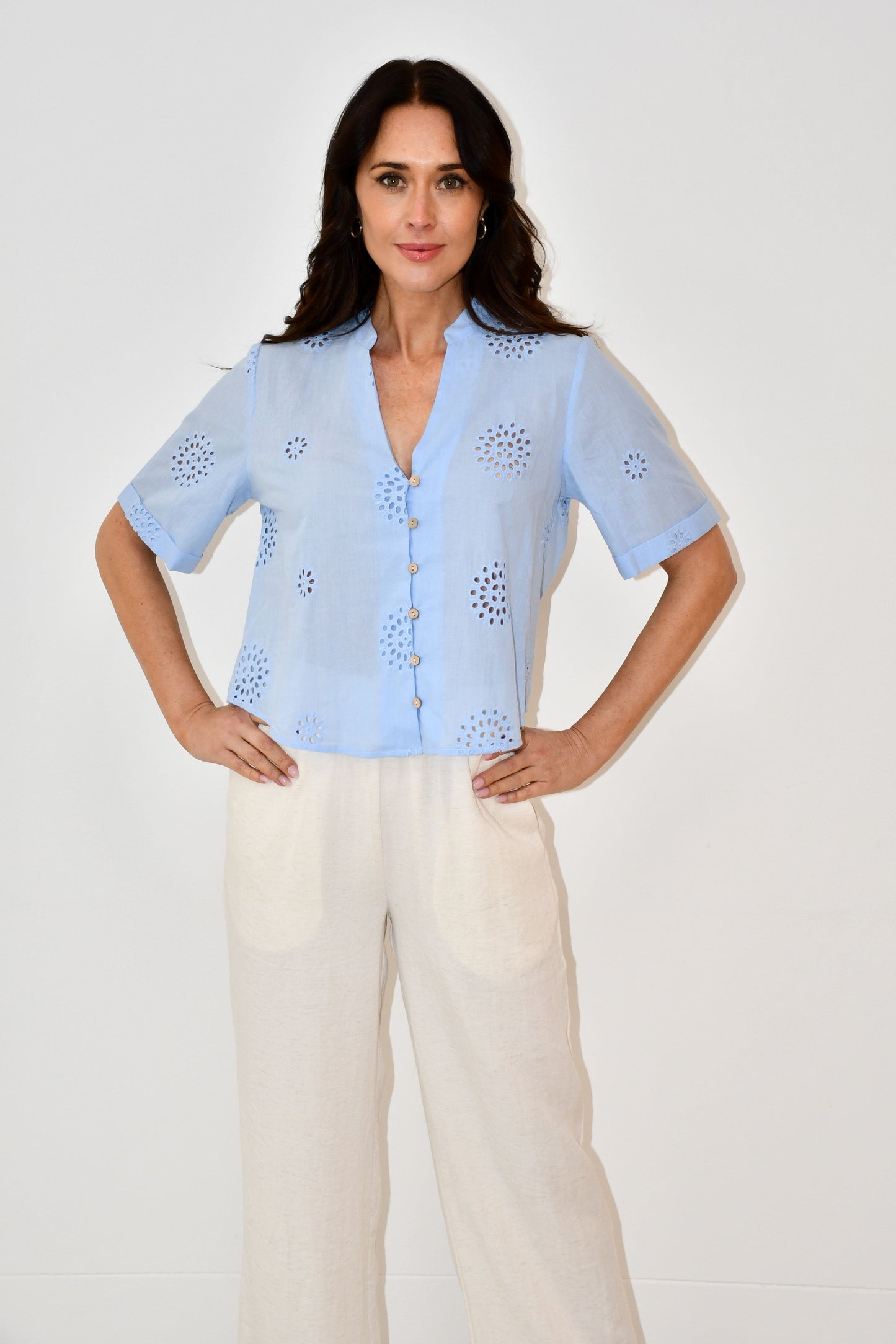LX2521-1J - Sky Blue Embroidered Button-Down Top