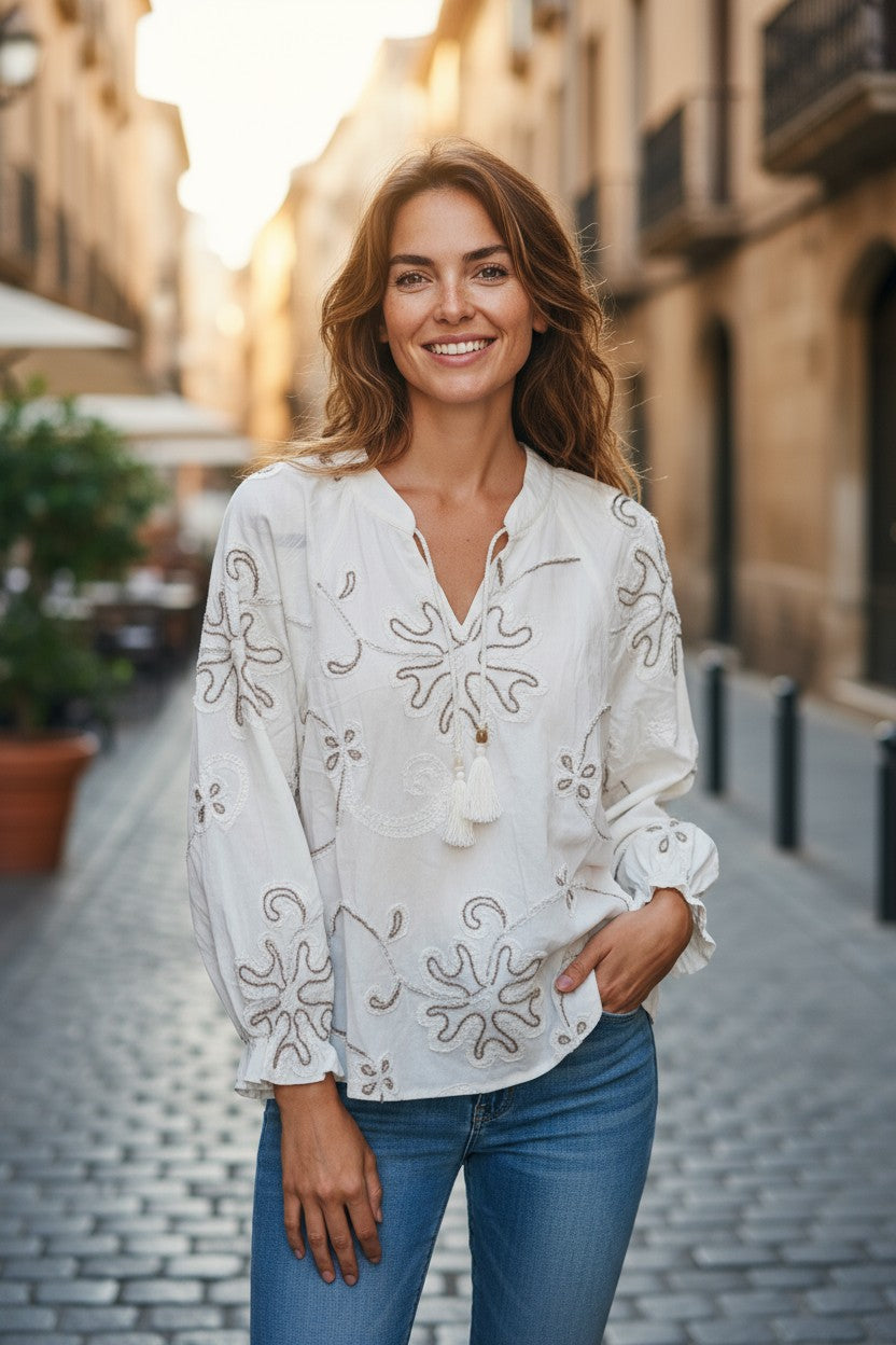 LX2524J Embroidered Tassel Blouse