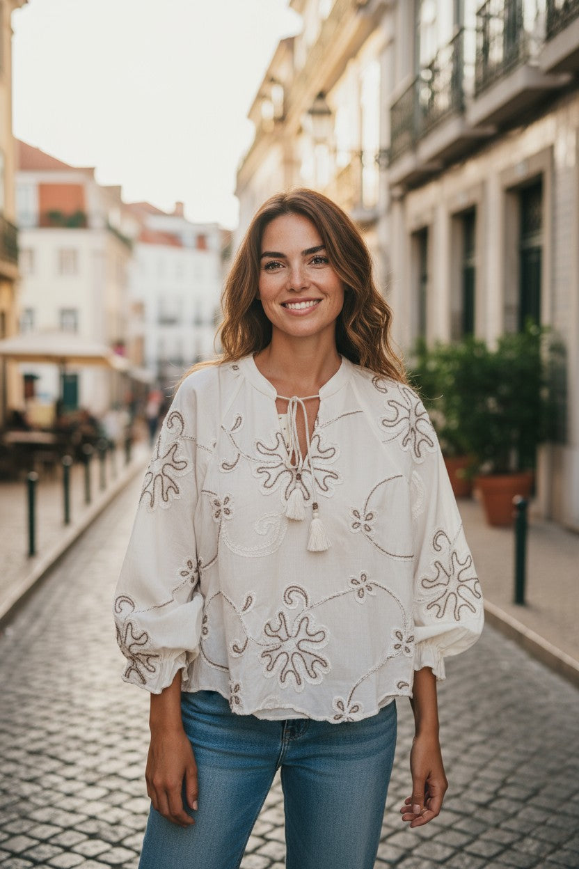 LX2524J Embroidered Tassel Blouse