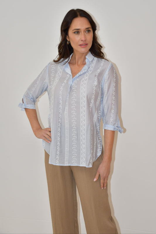 LX2536J - Embroidered Stripe Cotton Blouse