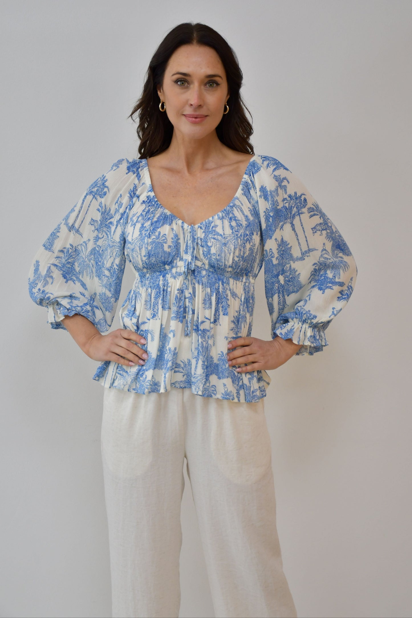 XW20533J - Blue & White Smocked Peplum Blouse