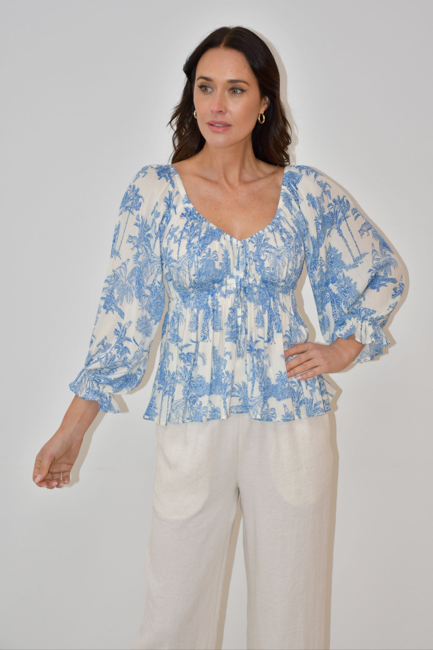 XW20533J - Blue & White Smocked Peplum Blouse