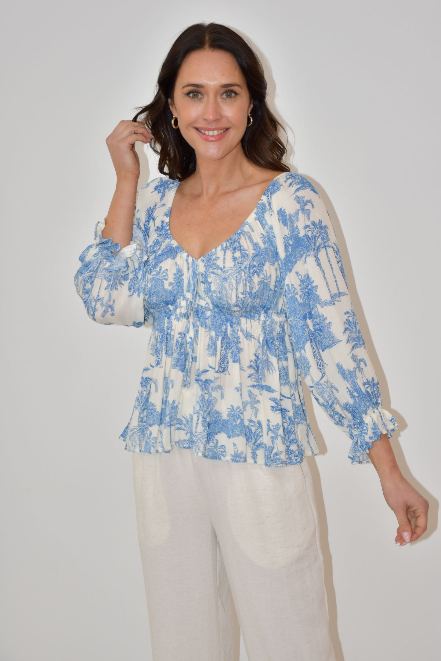 XW20533J - Blue & White Smocked Peplum Blouse