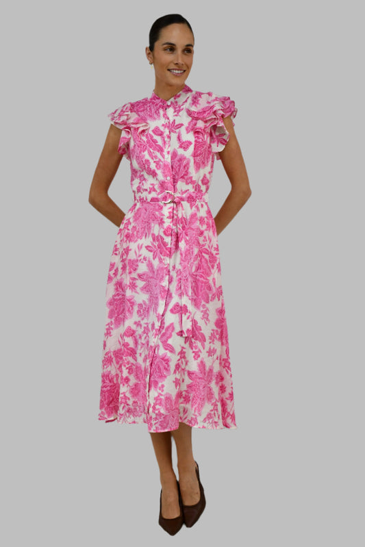 XW20707-10J - Floral Belted Midi Dress with Ruffle Sleeves - Pink