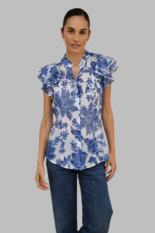 XW20707-14J - Lightweight Floral Blouse with Ruffled Sleeves - Blue