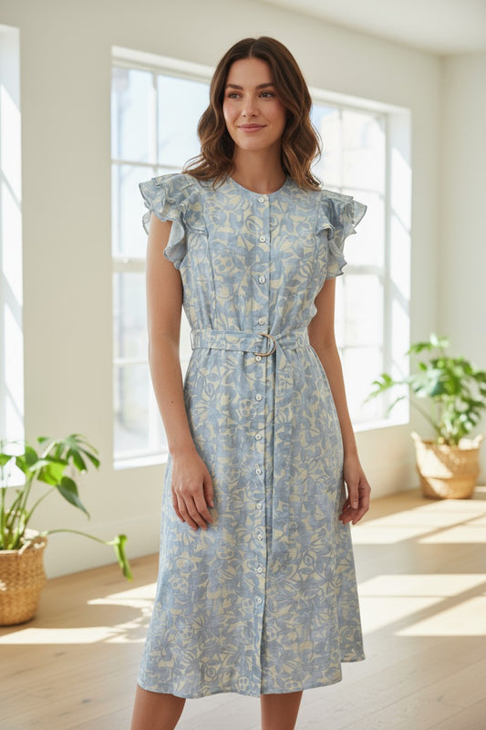 XW20707-13J - Floral Belted Midi Dress with Ruffle Sleeves - L Blue