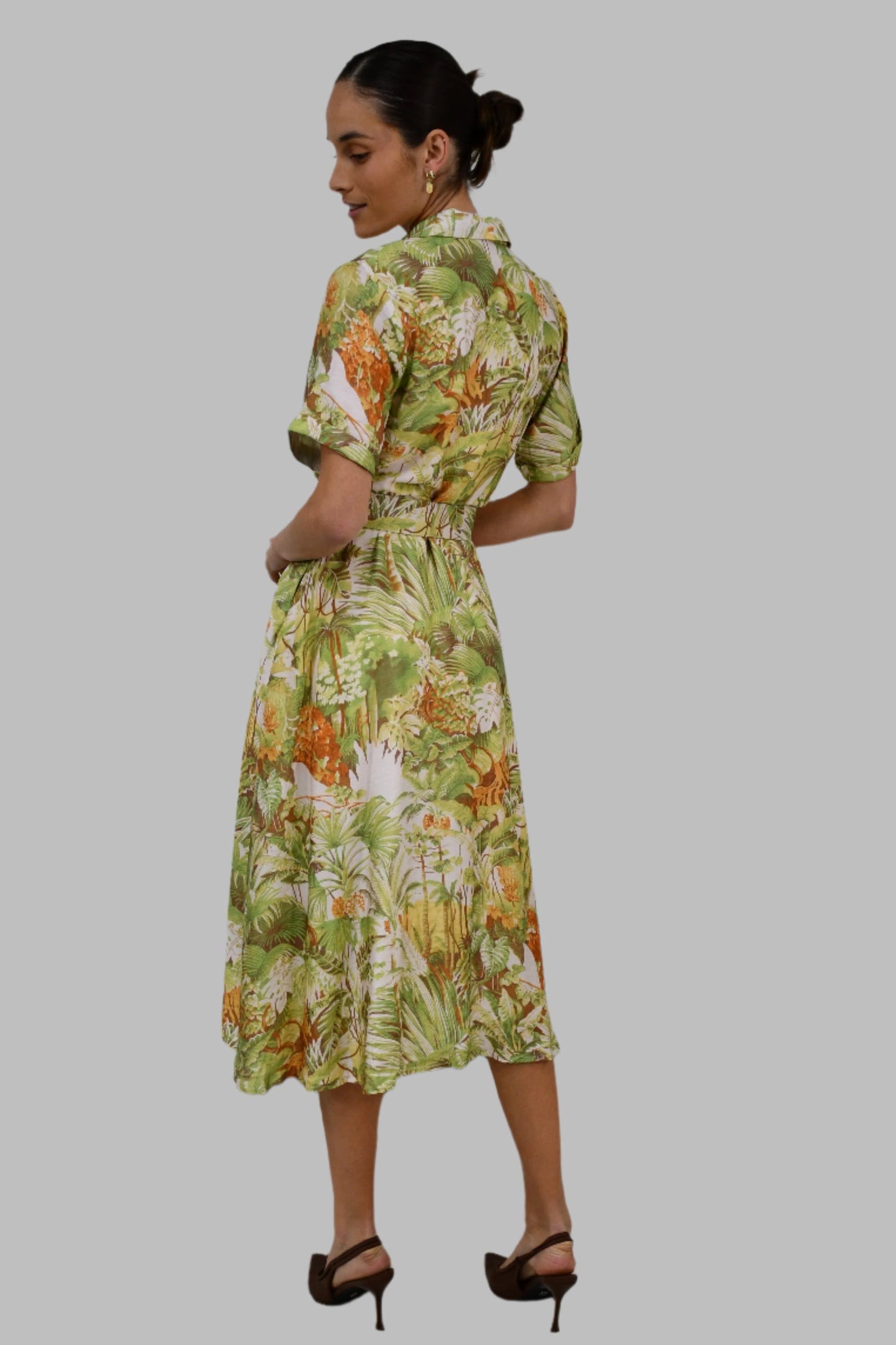 XW20781J - Tropical Print Belted Shirt Dress