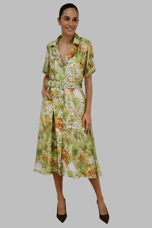 XW20781J - Tropical Print Belted Shirt Dress