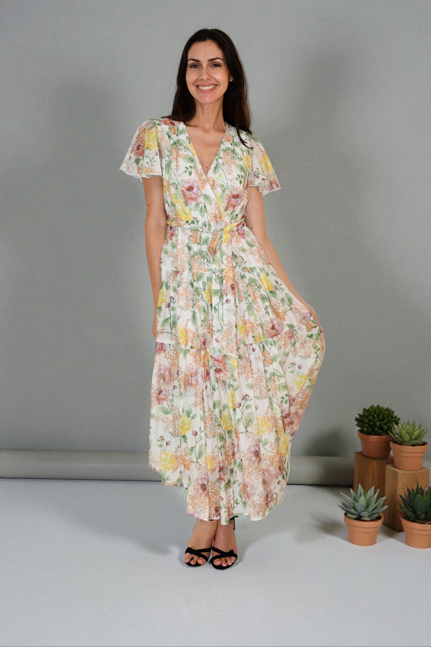 XW20796-1J Soft Pastel Garden Pleated Maxi Dress