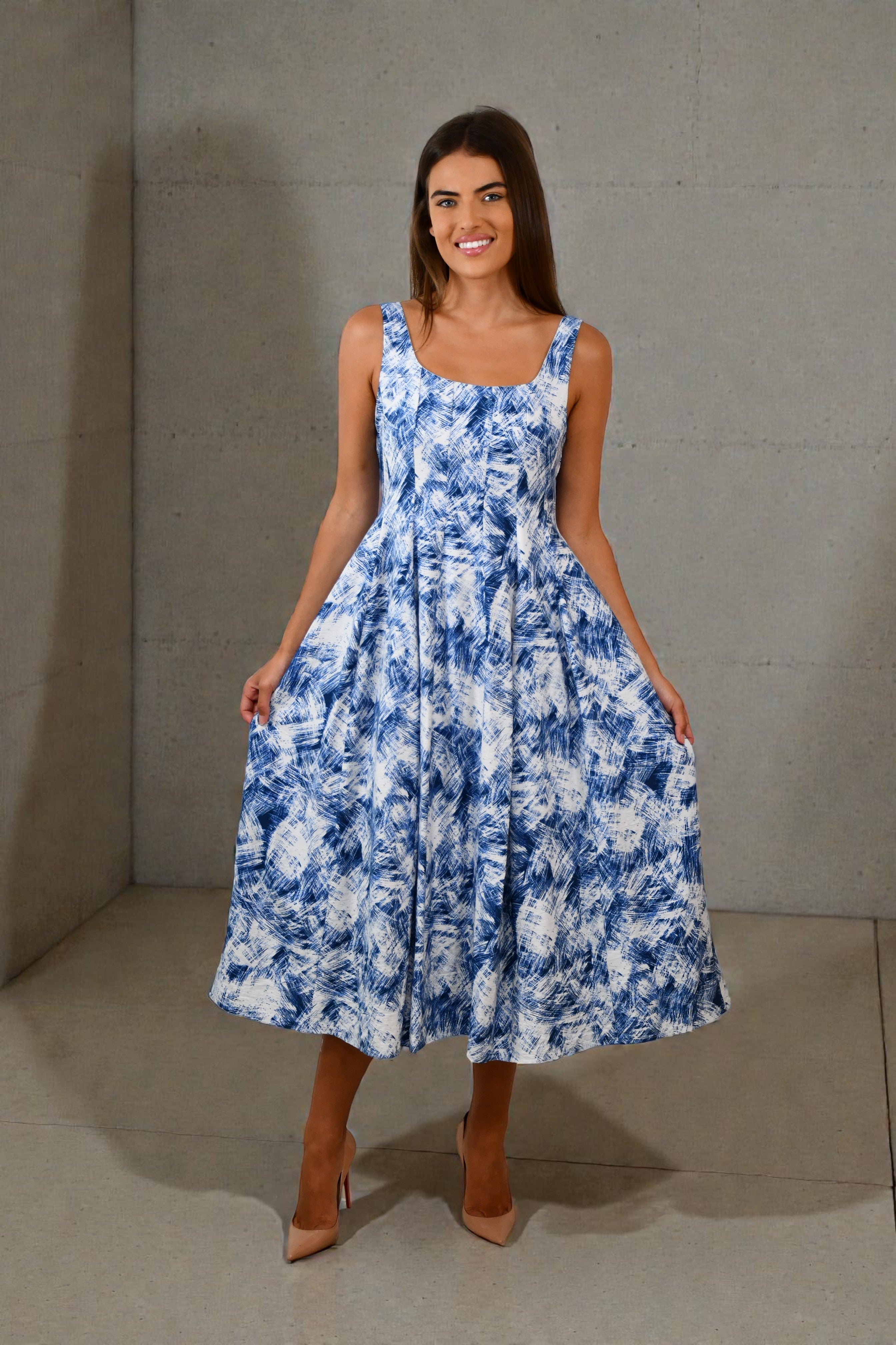 LA1313-6J Blue & White Abstract Print Midi Dress