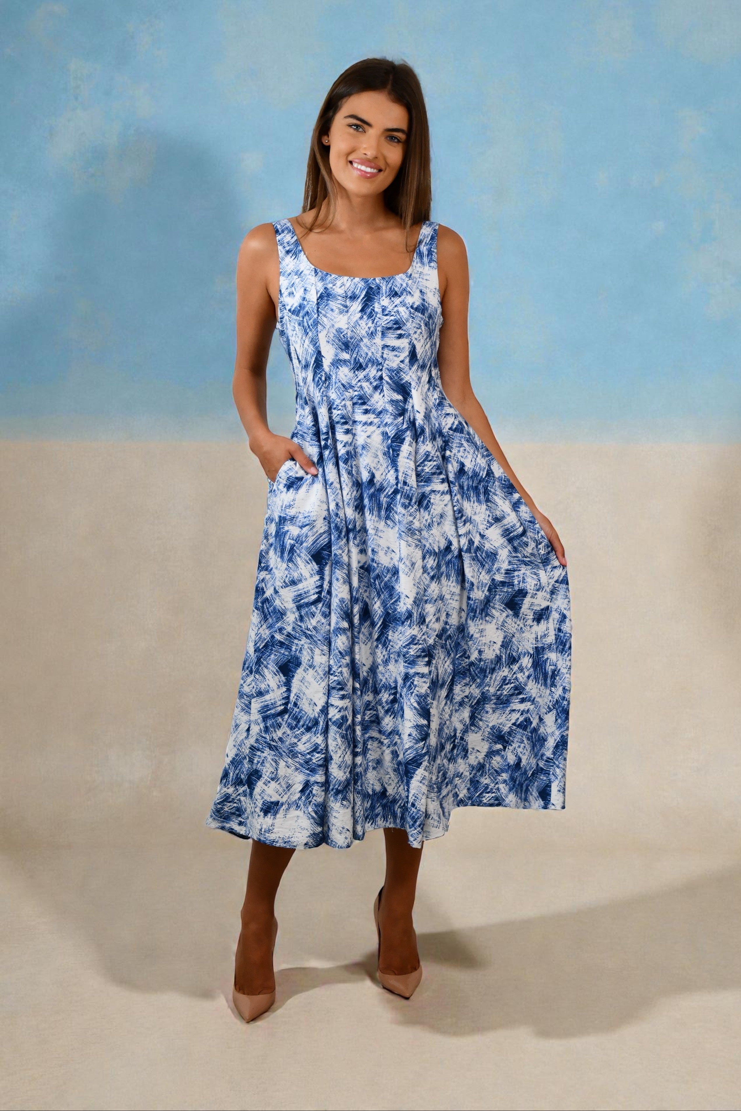 LA1313-6J Blue & White Abstract Print Midi Dress
