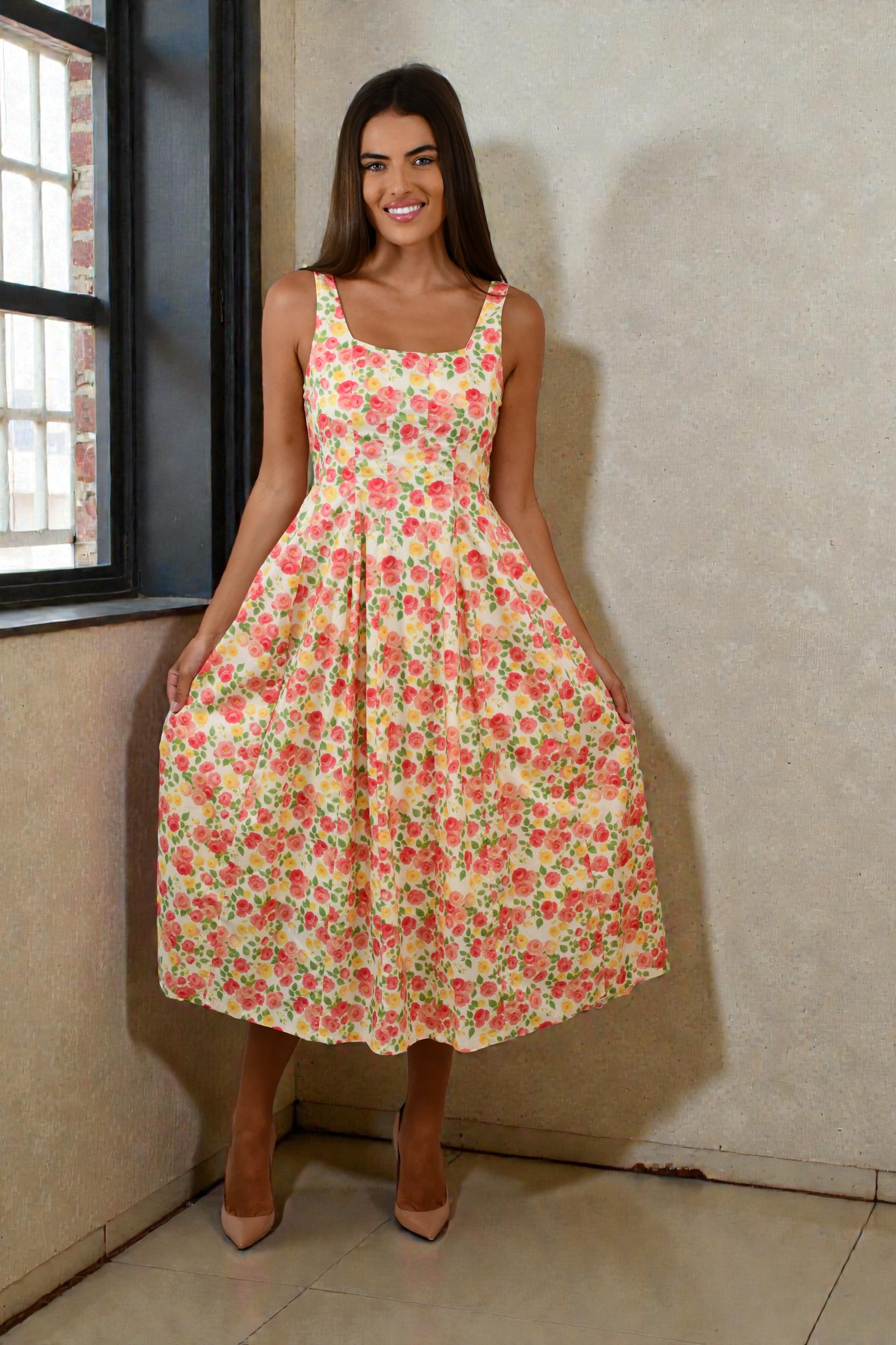 LA1313-7J Floral Garden Midi Dress