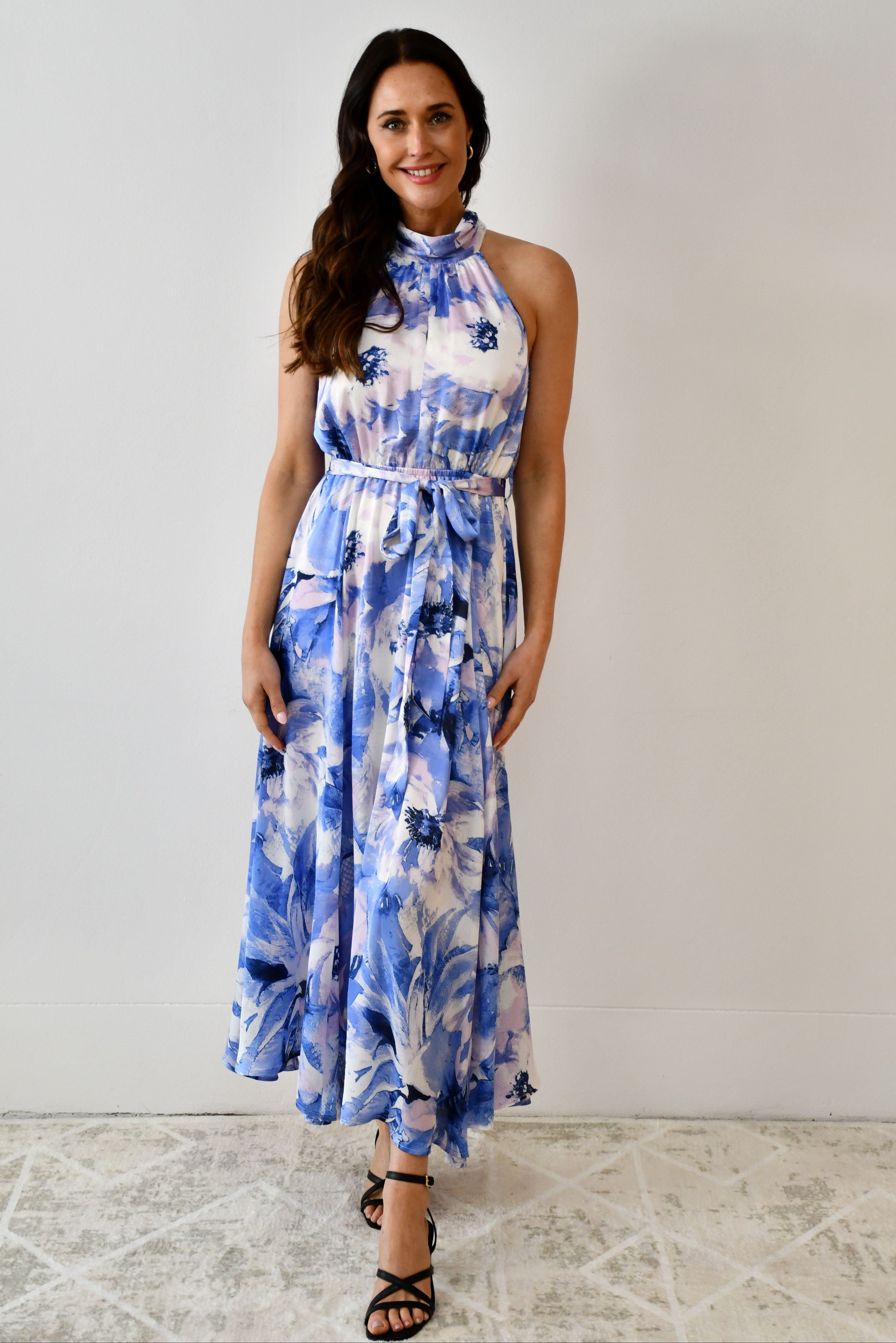 LA0386-18J Halter Neck Watercolour Maxi Dress