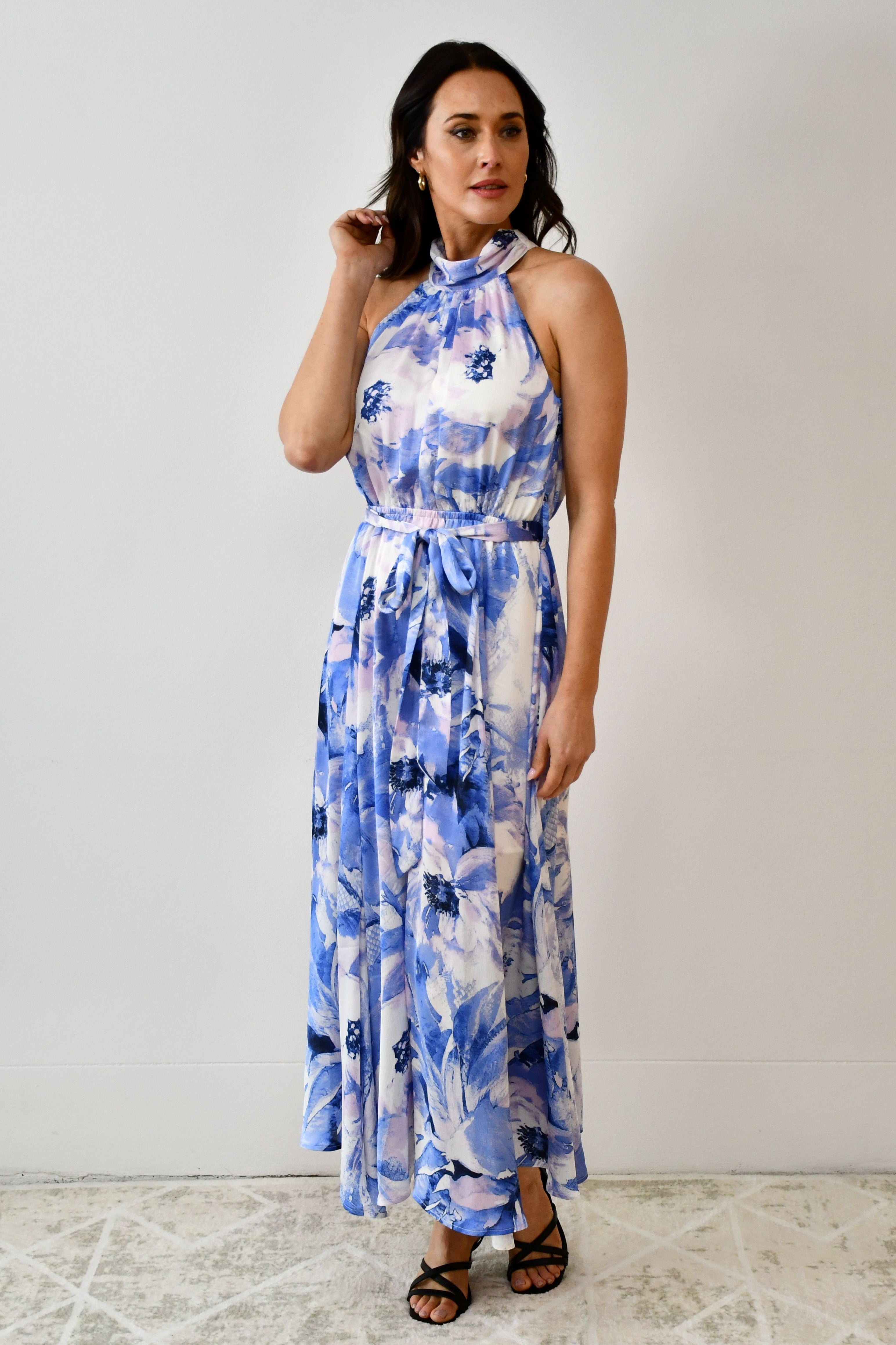 LA0386-18J Halter Neck Watercolour Maxi Dress