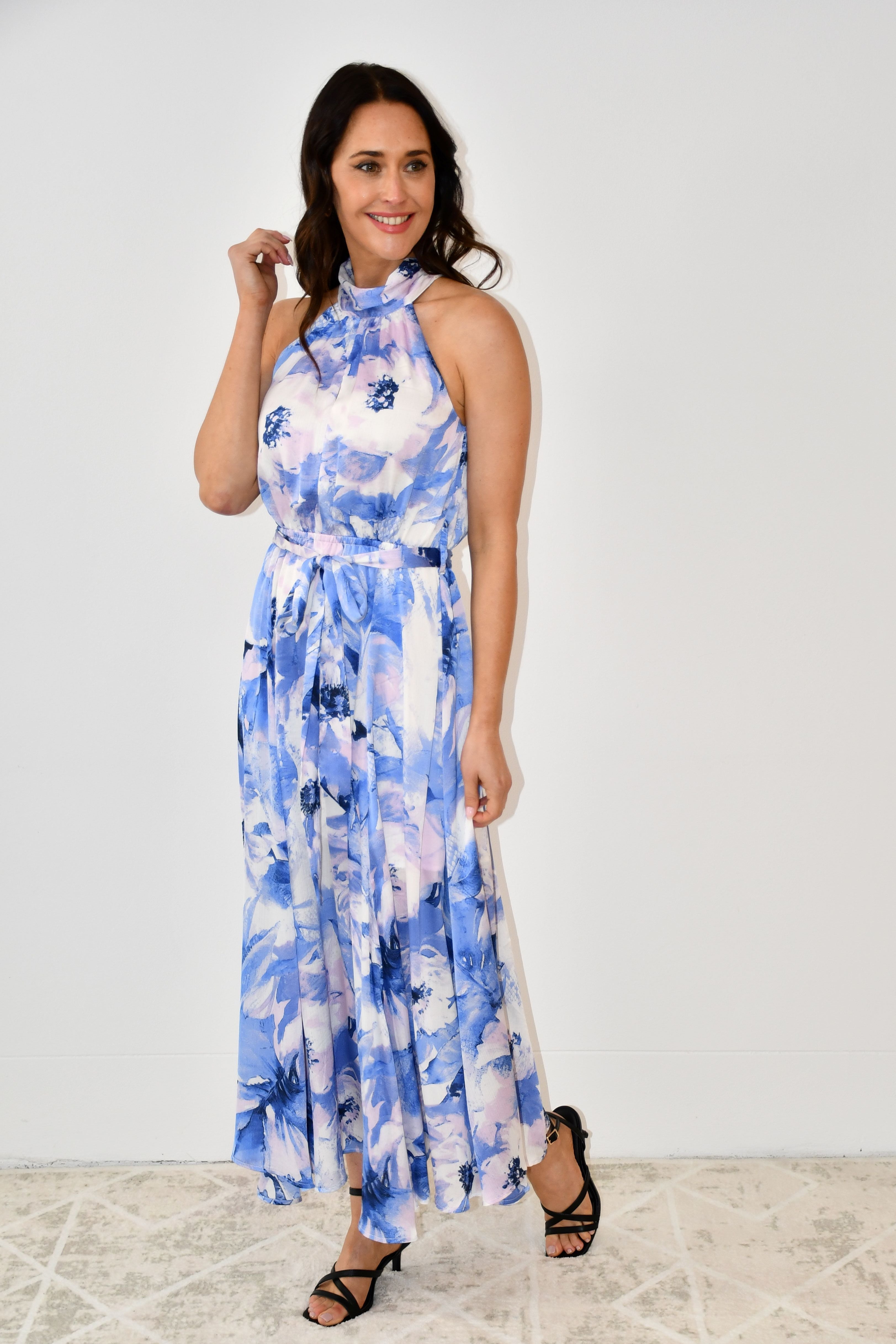 LA0386-18J Halter Neck Watercolour Maxi Dress