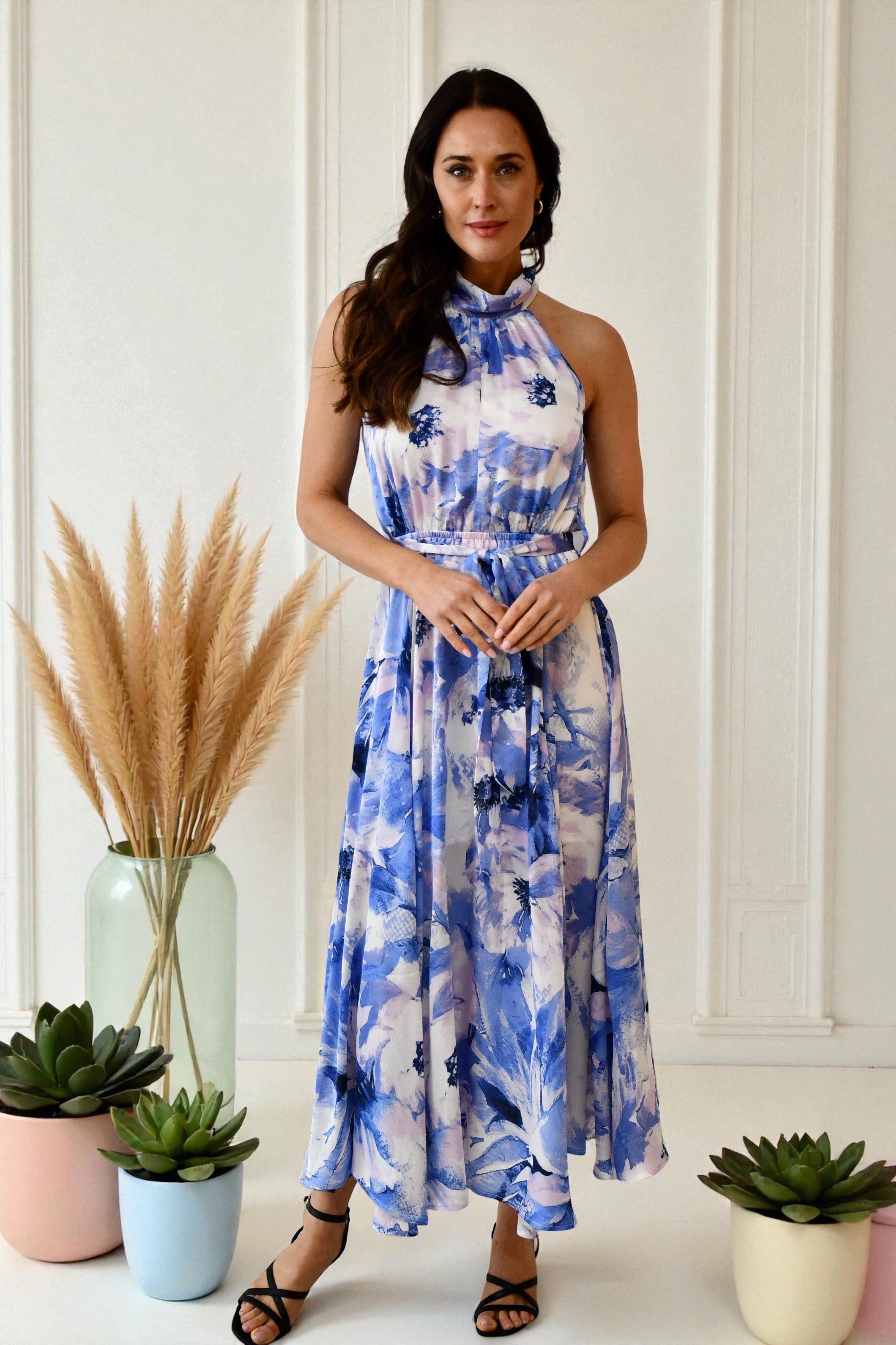 LA0386-18J Halter Neck Watercolour Maxi Dress