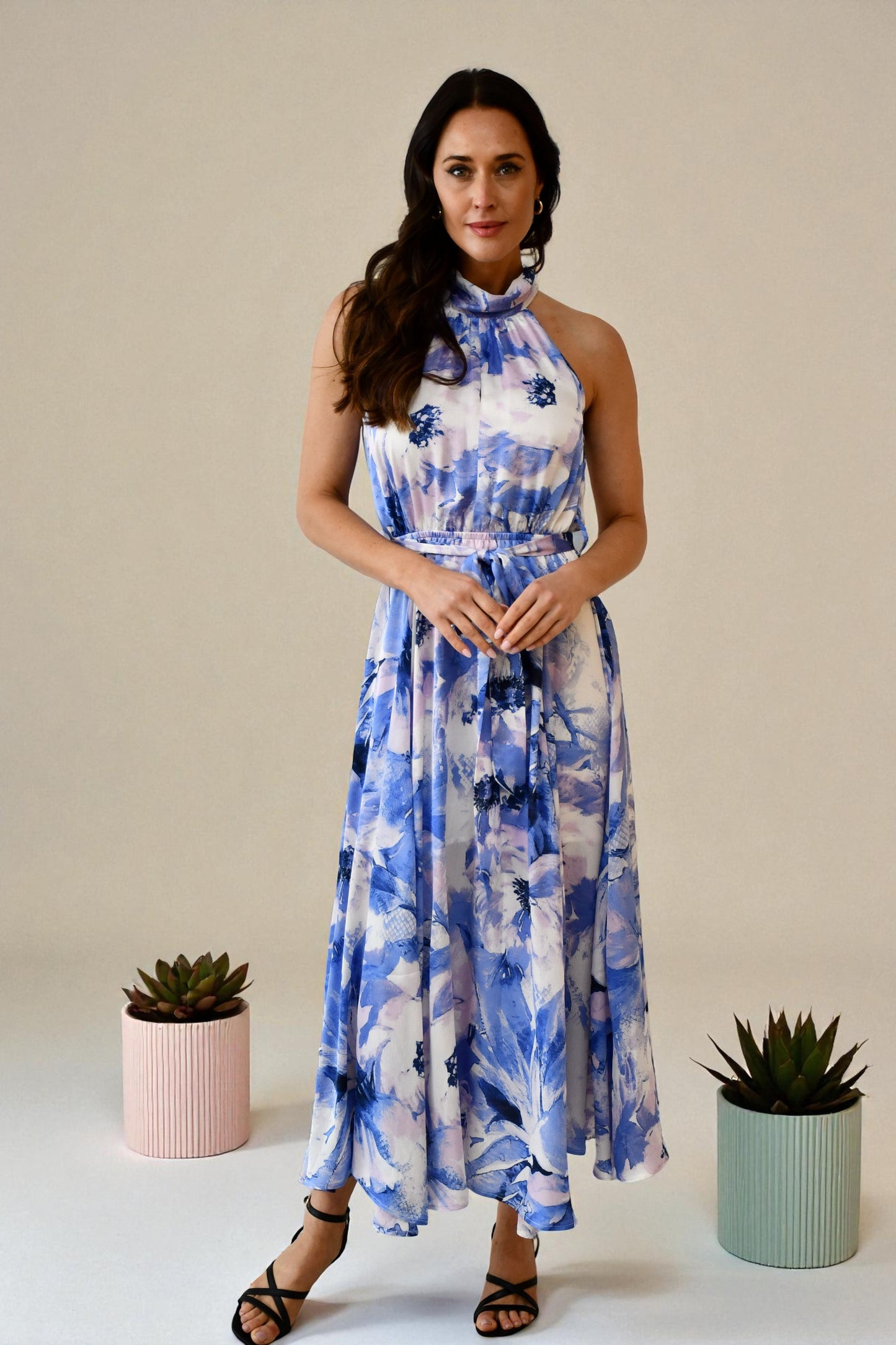 LA0386-18J Halter Neck Watercolour Maxi Dress