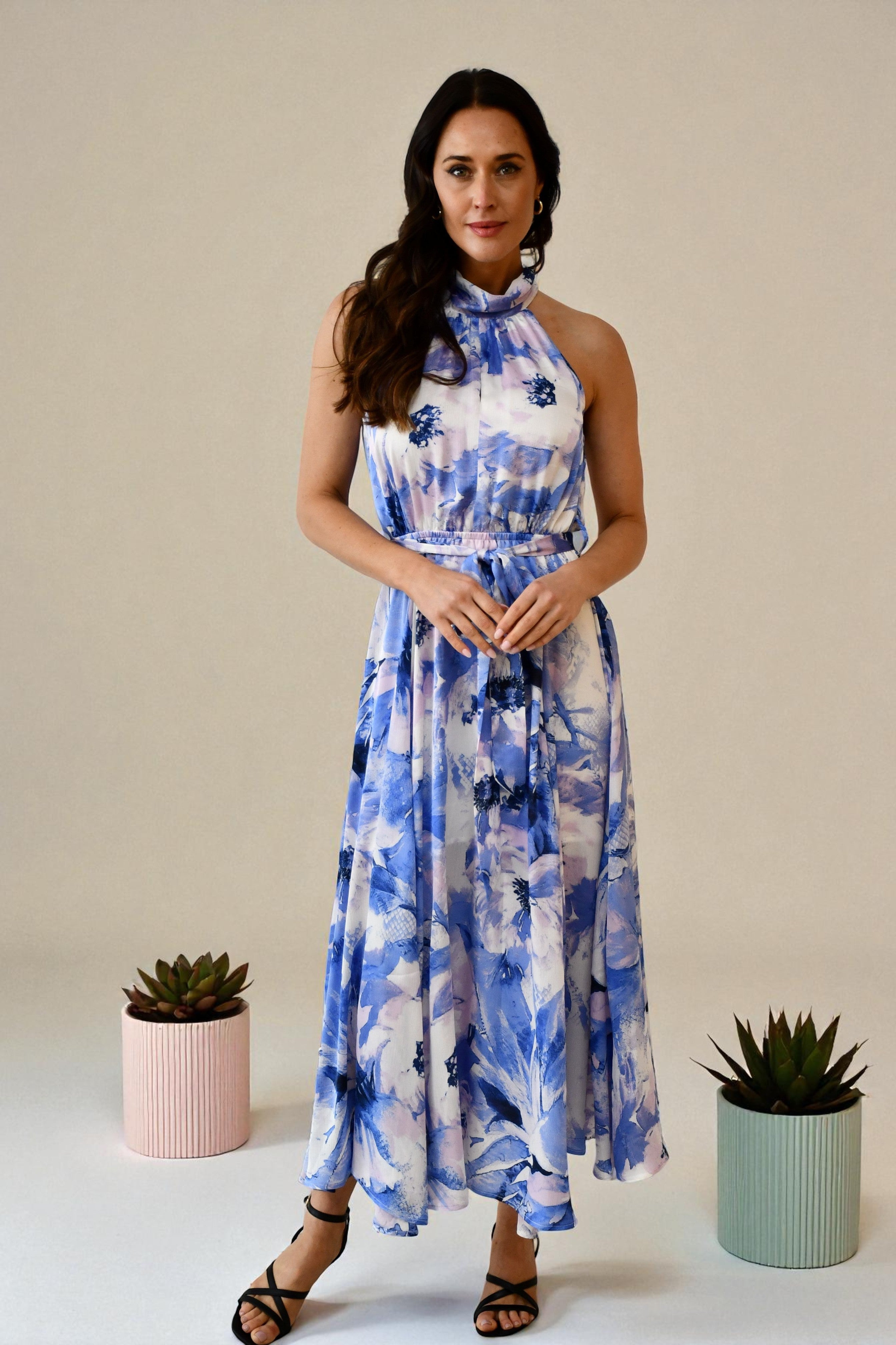 LA0386-18J Halter Neck Watercolour Maxi Dress