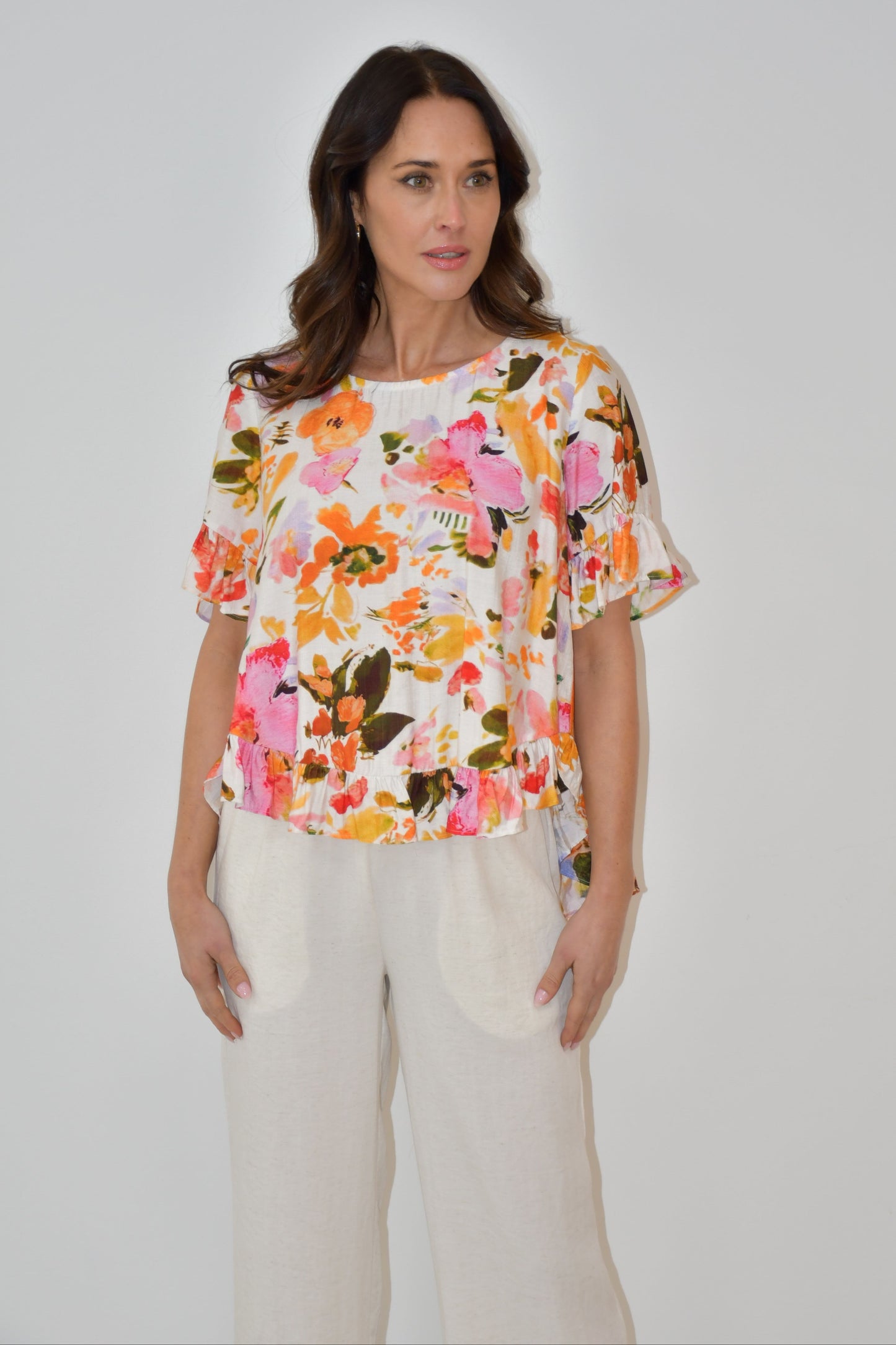 LA0479-1J - Floral Print Ruffle Hem Top