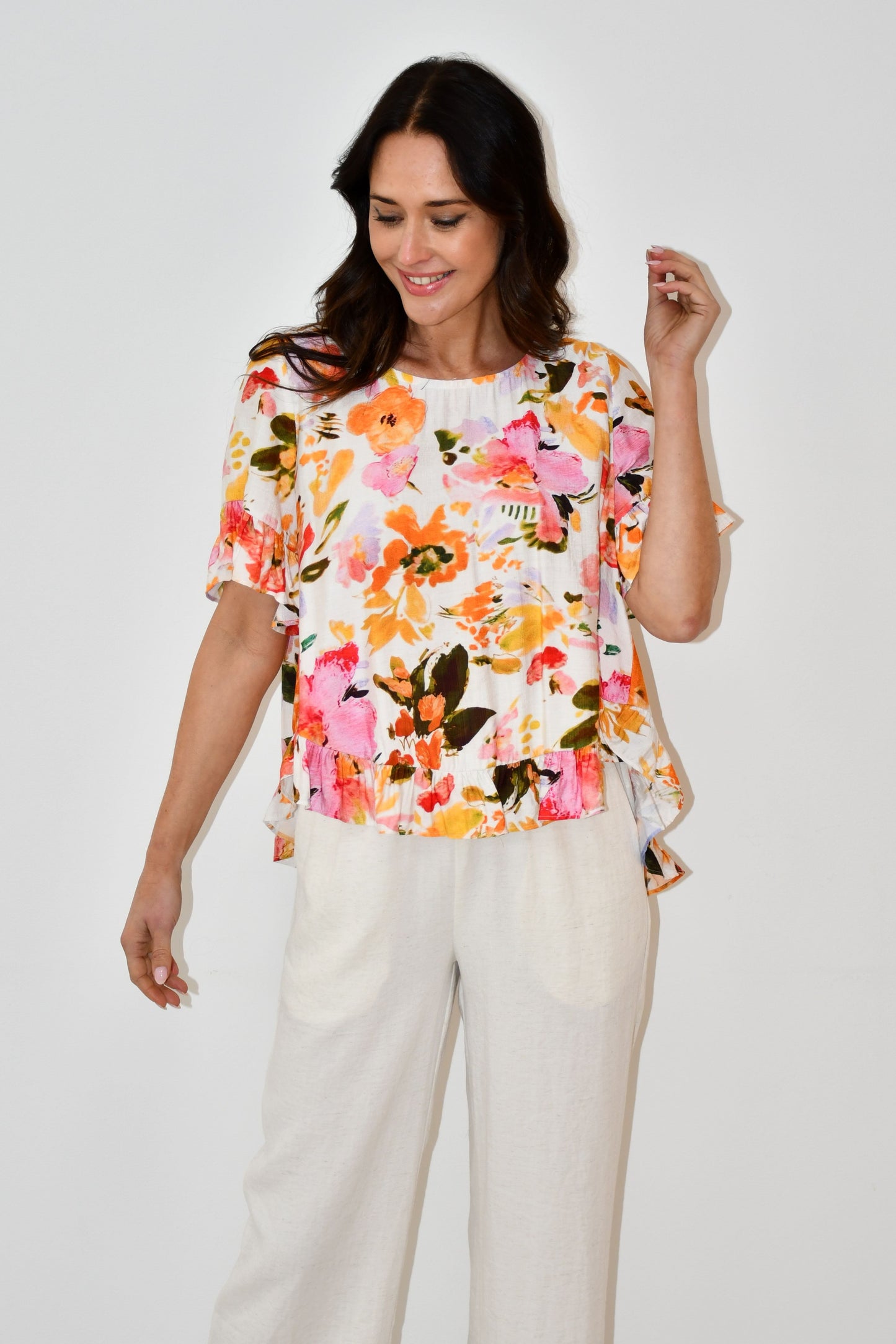 LA0479-1J - Floral Print Ruffle Hem Top