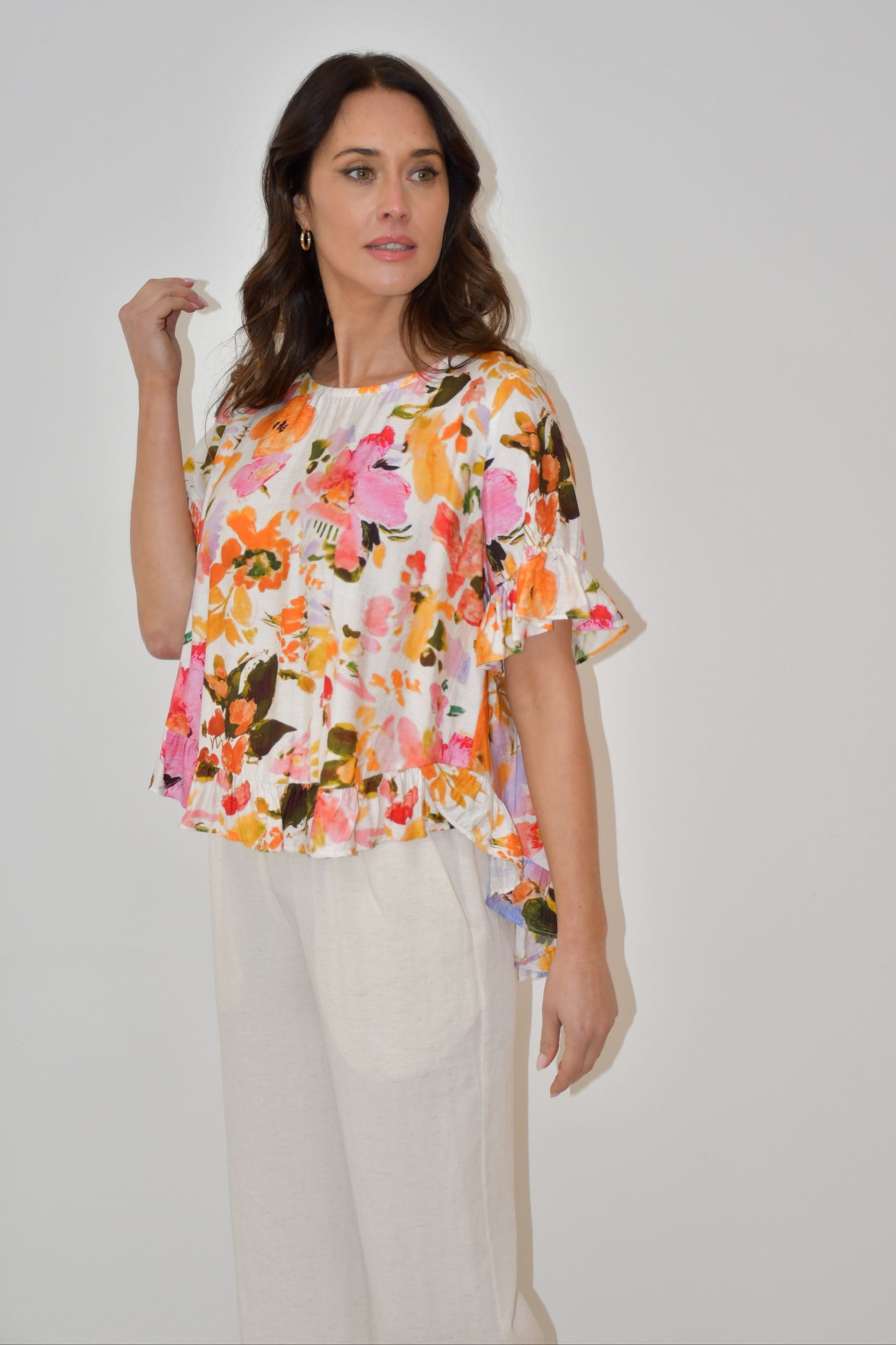 LA0479-1J - Floral Print Ruffle Hem Top