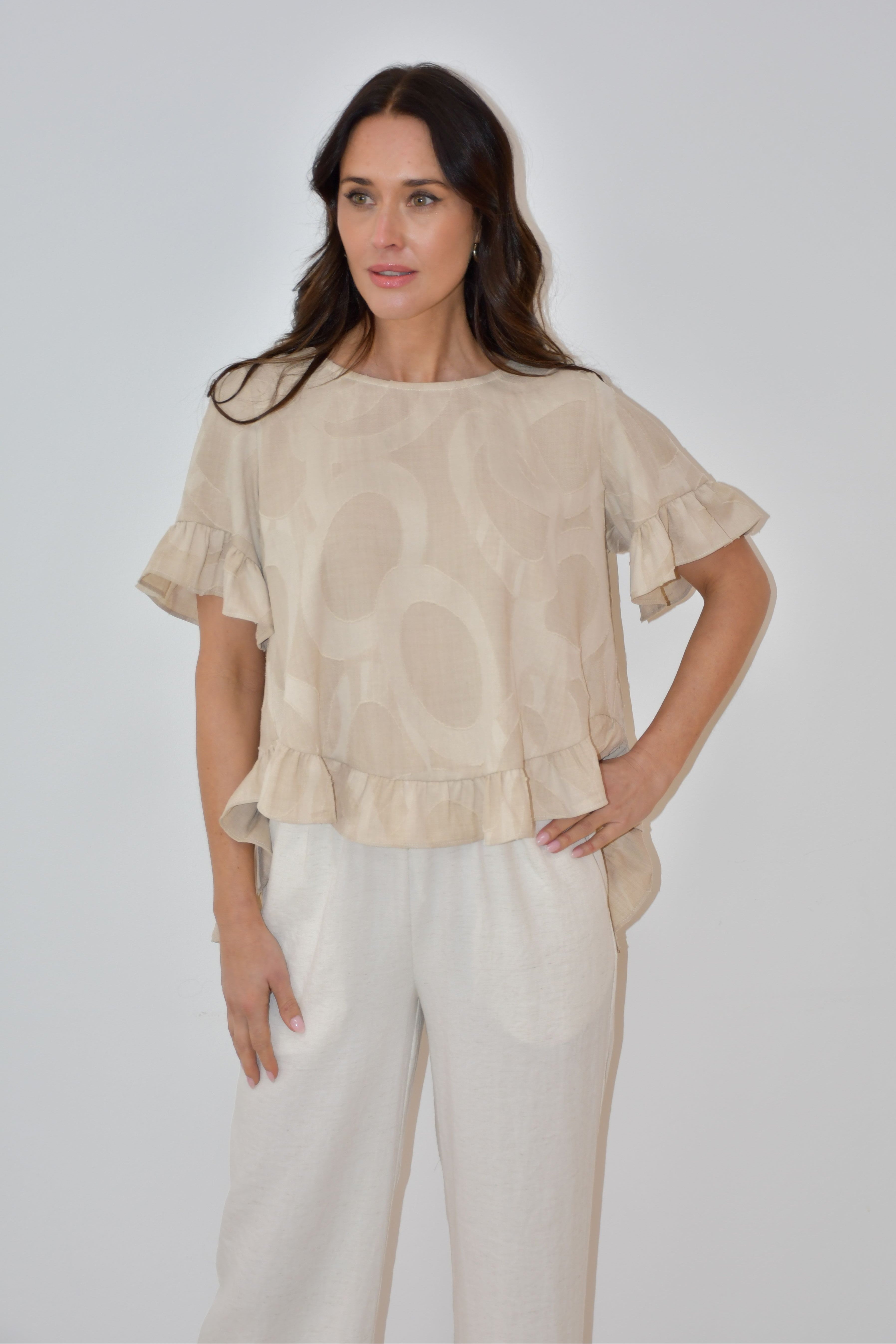 LA0479-2J - Beige Ruffle Hem Top with Textured Print