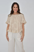 LA0479-2J - Beige Ruffle Hem Top with Textured Print