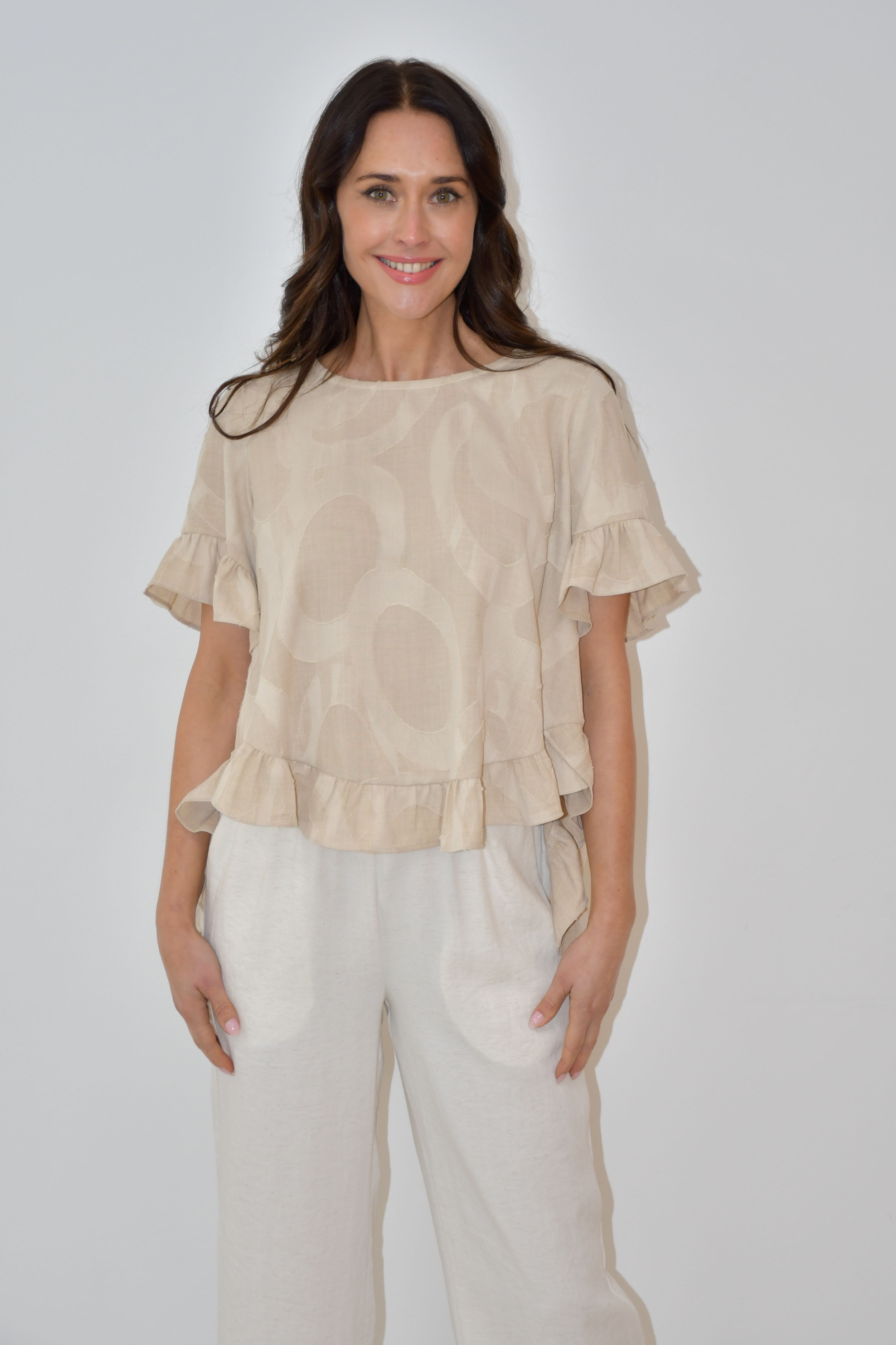 LA0479-2J - Beige Ruffle Hem Top with Textured Print