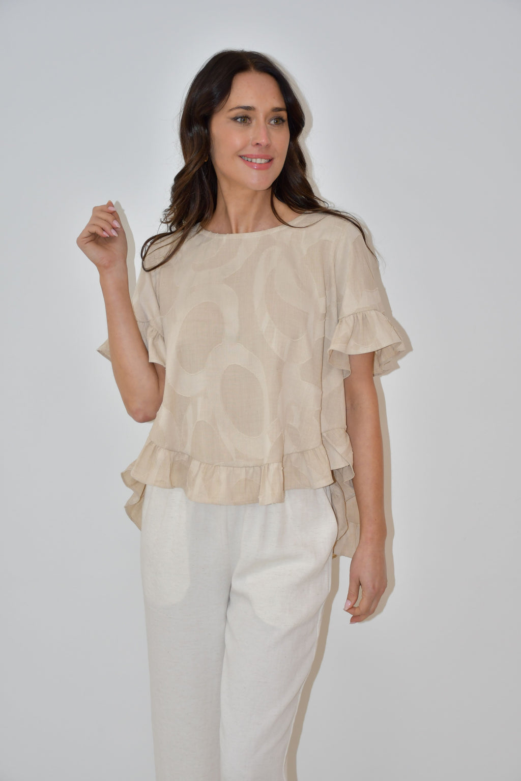 LA0479-2J - Beige Ruffle Hem Top with Textured Print