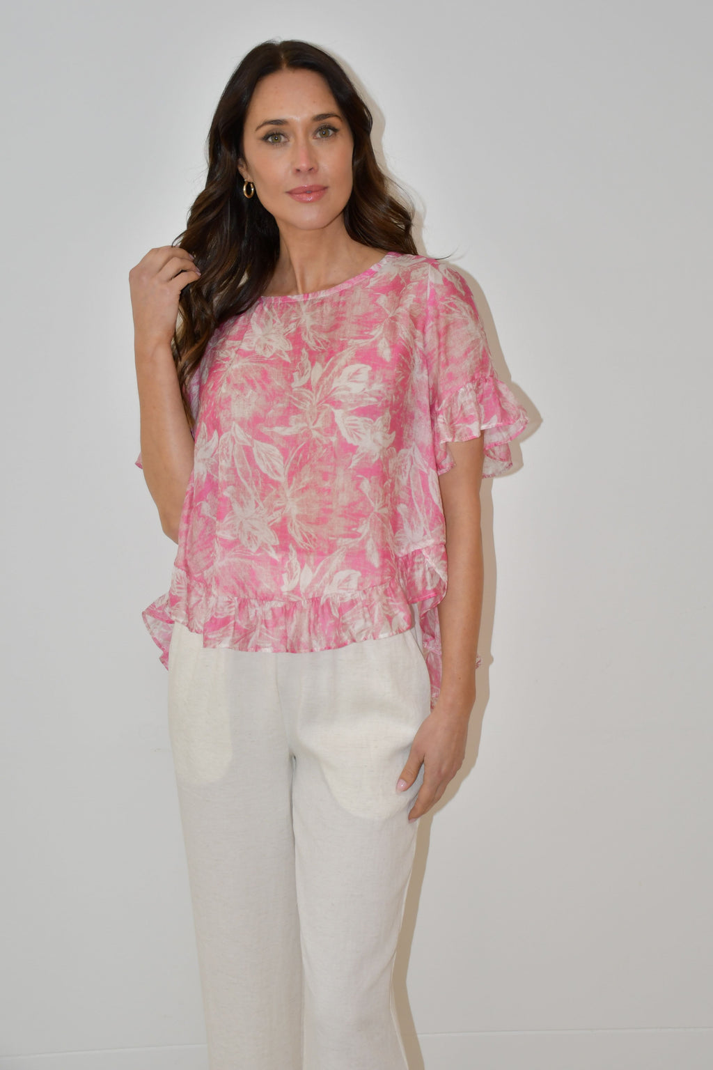 LA0479J - Pink Floral Print Ruffle Hem Top