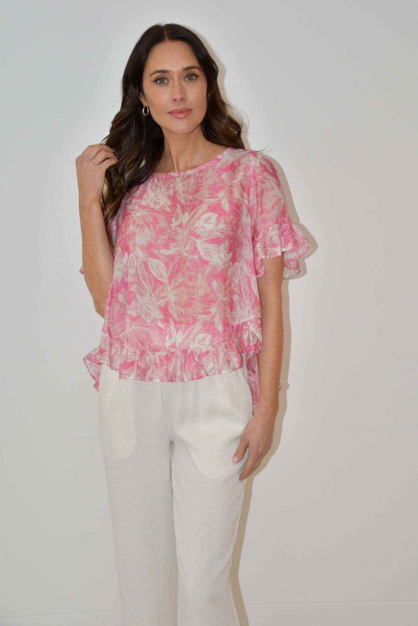 LA0479J - Pink Floral Print Ruffle Hem Top