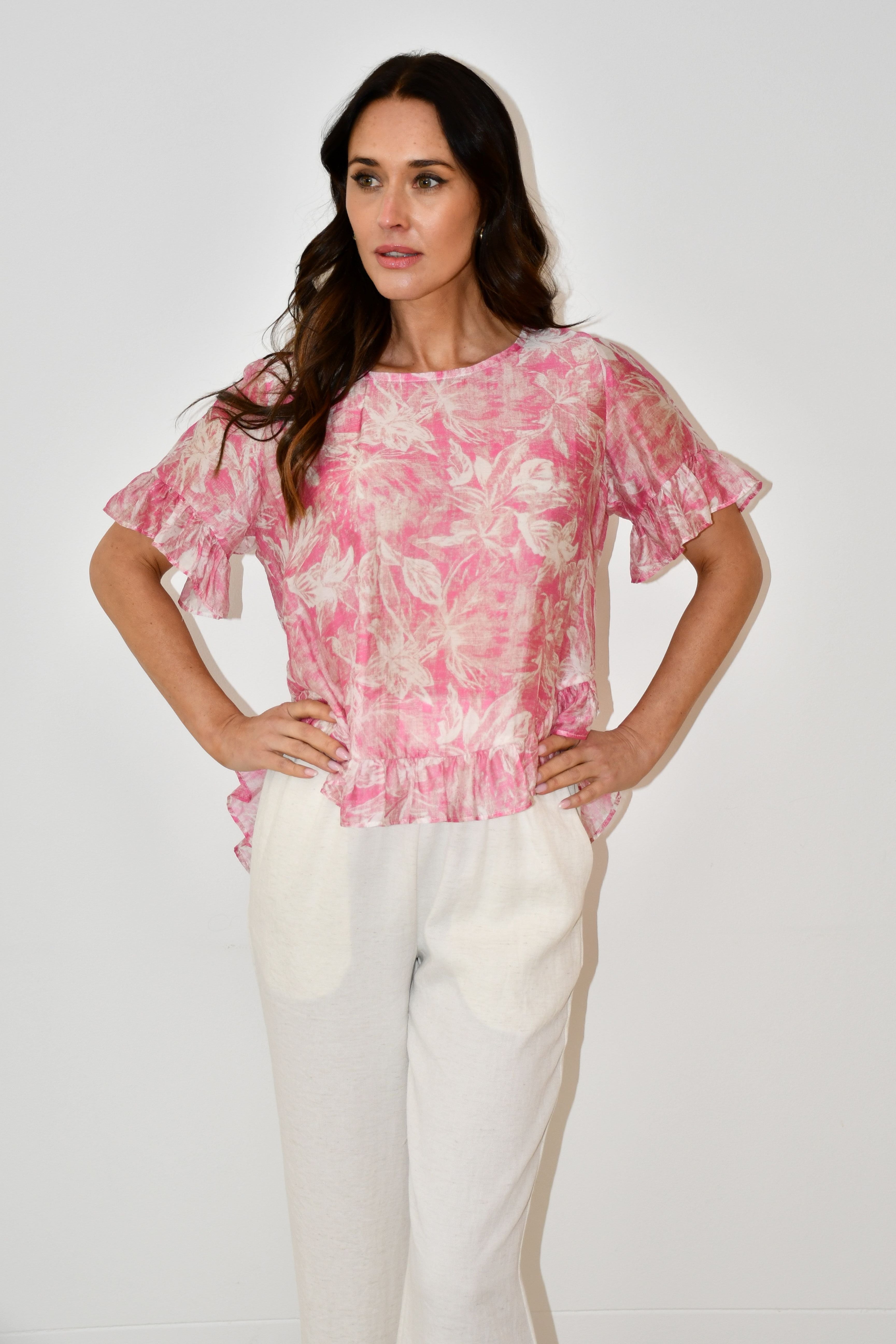 LA0479J - Pink Floral Print Ruffle Hem Top