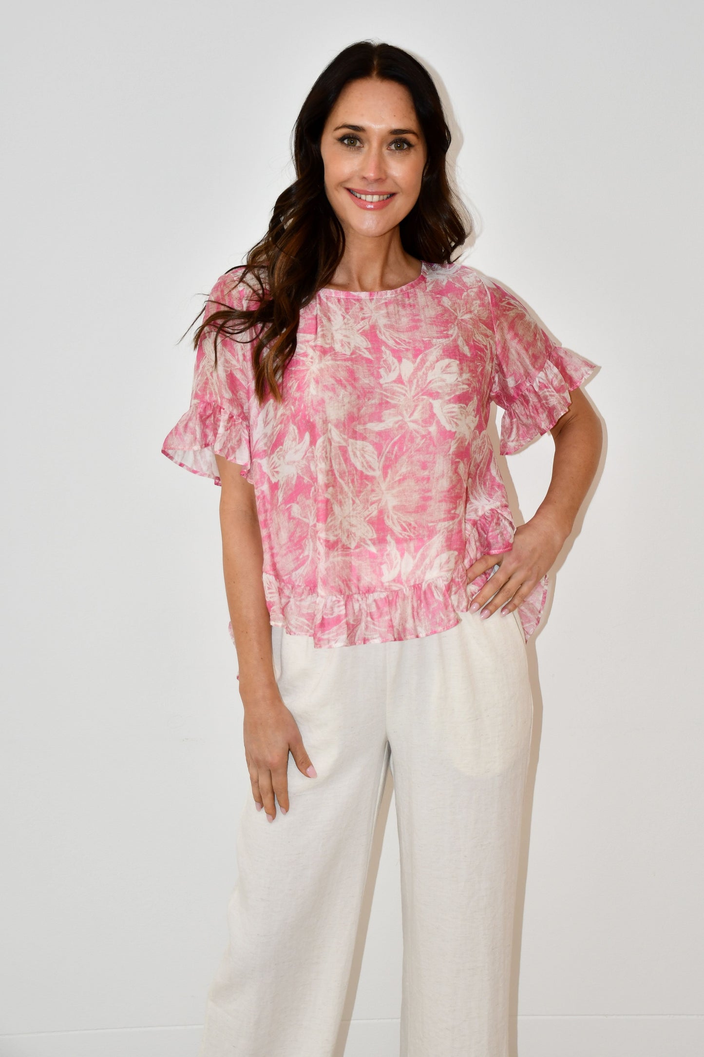 LA0479J - Pink Floral Print Ruffle Hem Top