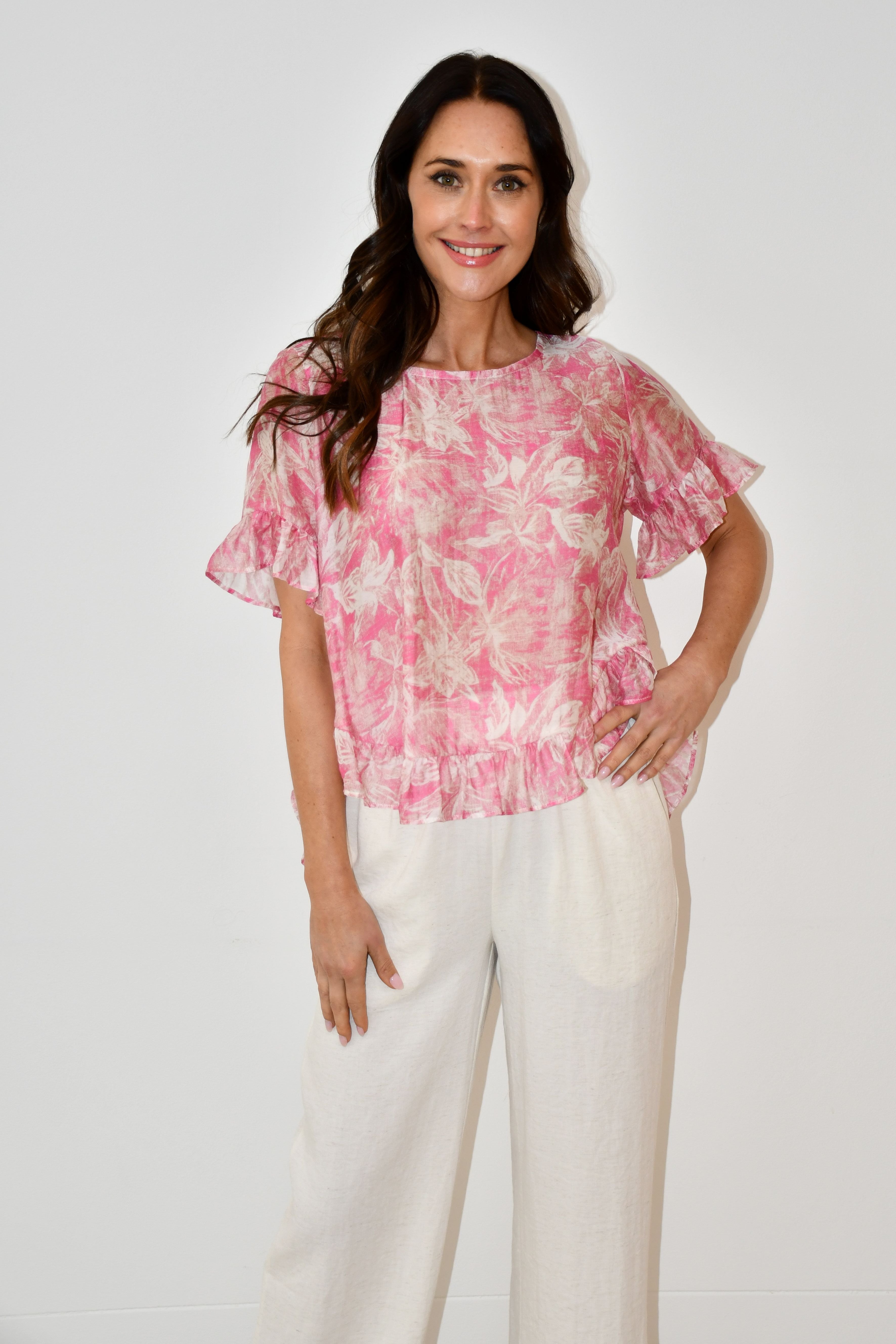 LA0479J - Pink Floral Print Ruffle Hem Top