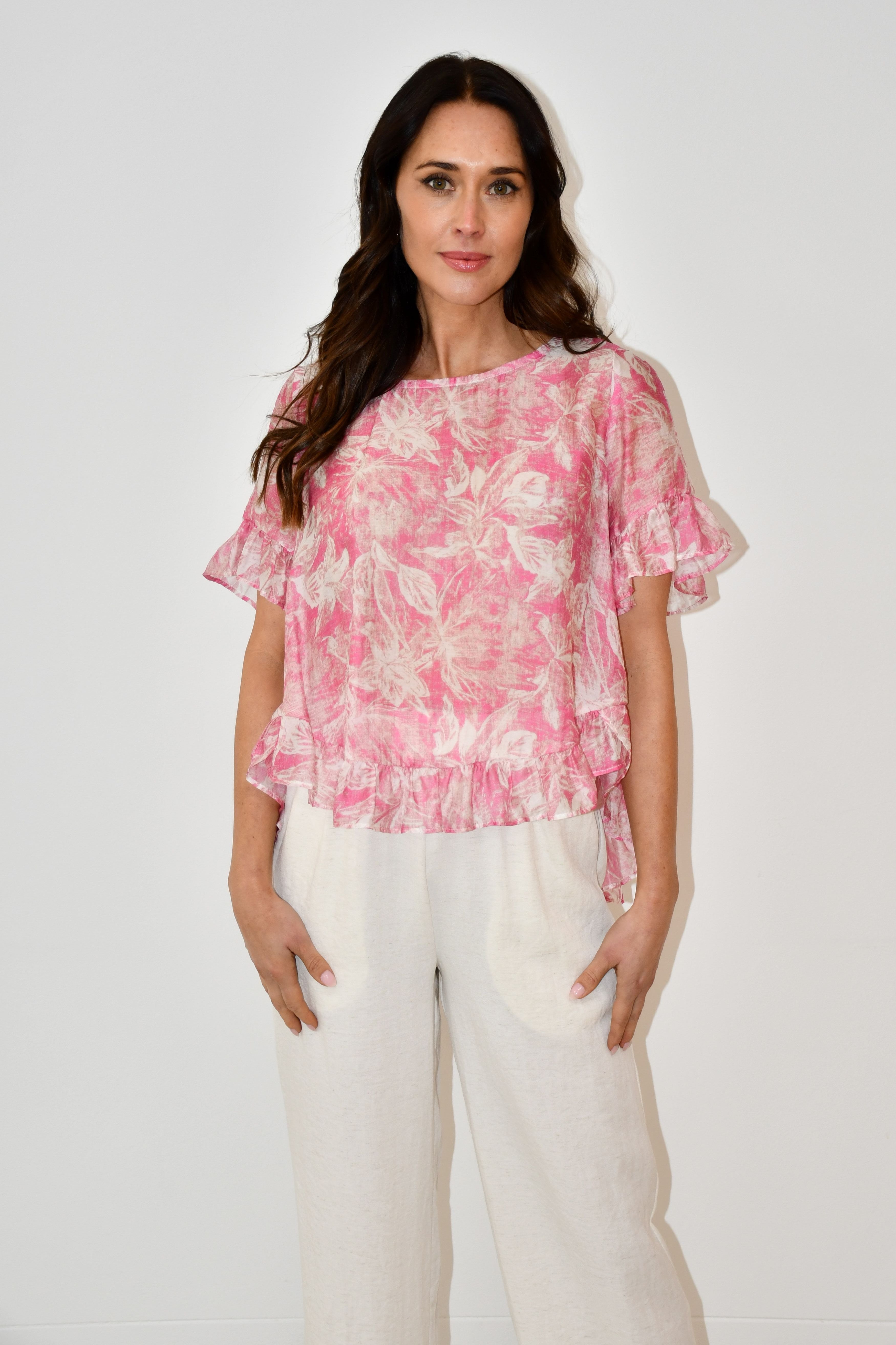 LA0479J - Pink Floral Print Ruffle Hem Top