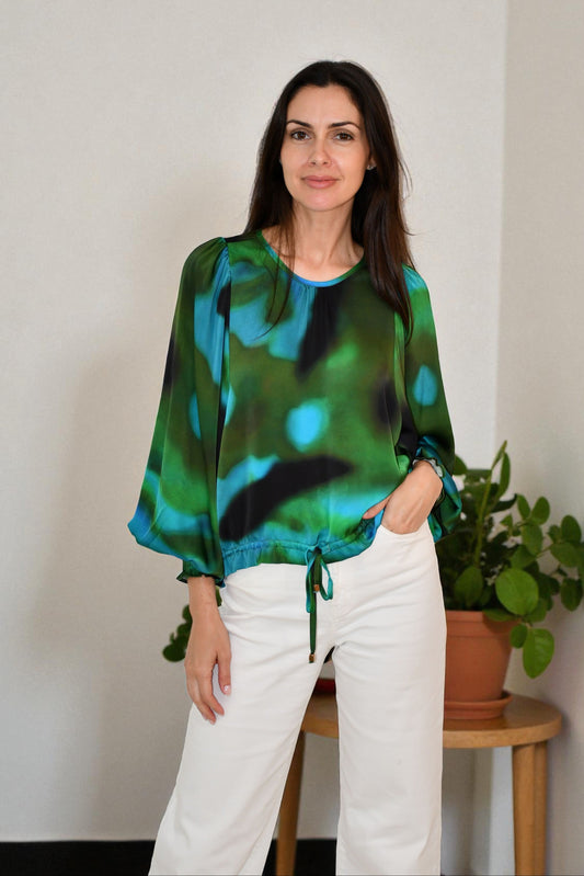 LA0967-10J Emerald Mist Satin Balloon Sleeve Blouse