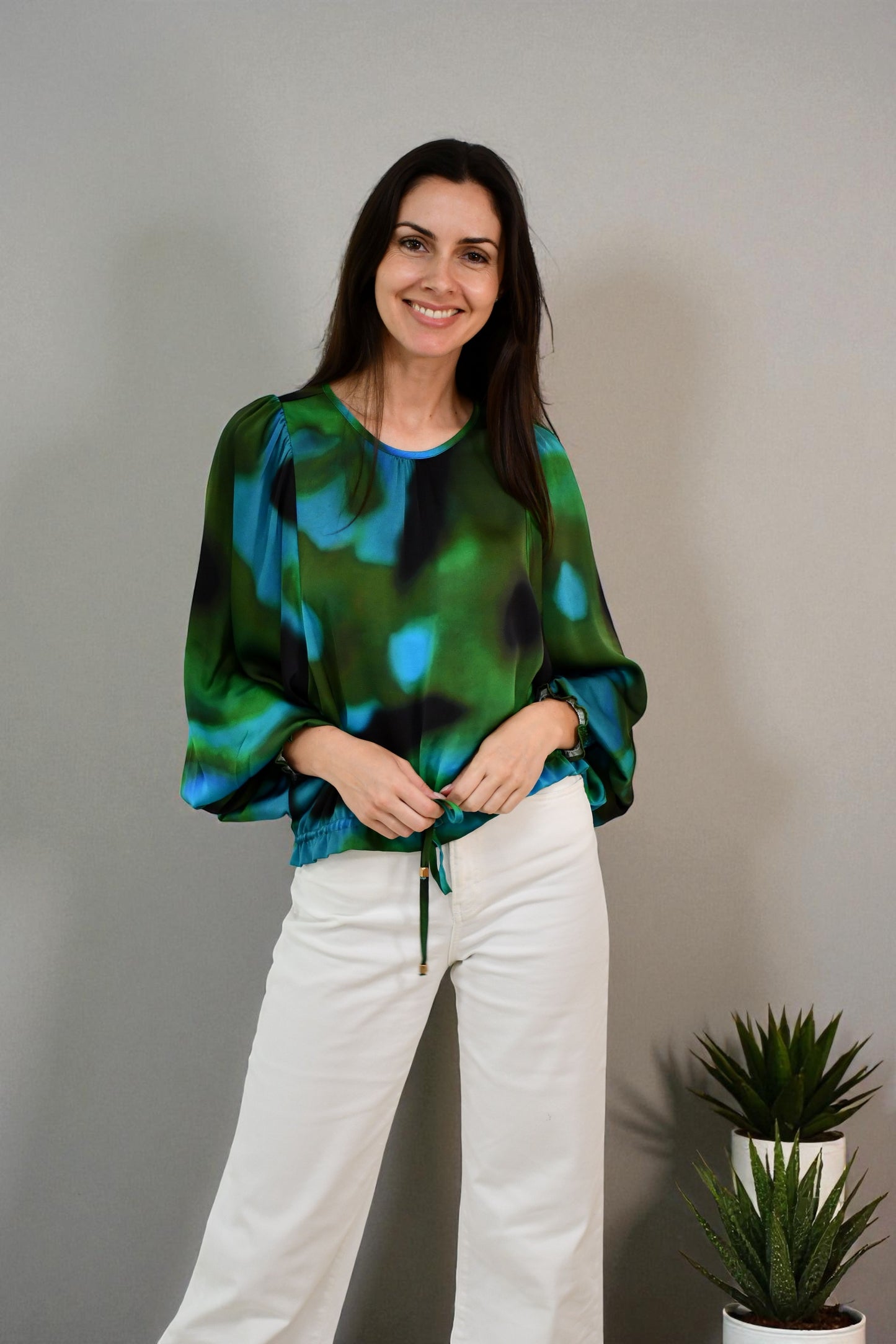 LA0967-10J Emerald Mist Satin Balloon Sleeve Blouse