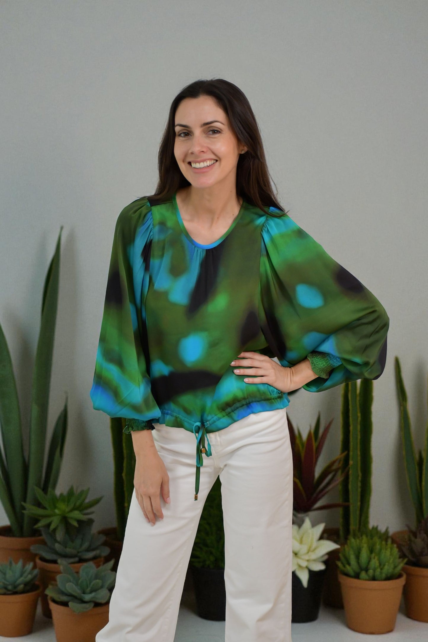 LA0967-10J Emerald Mist Satin Balloon Sleeve Blouse
