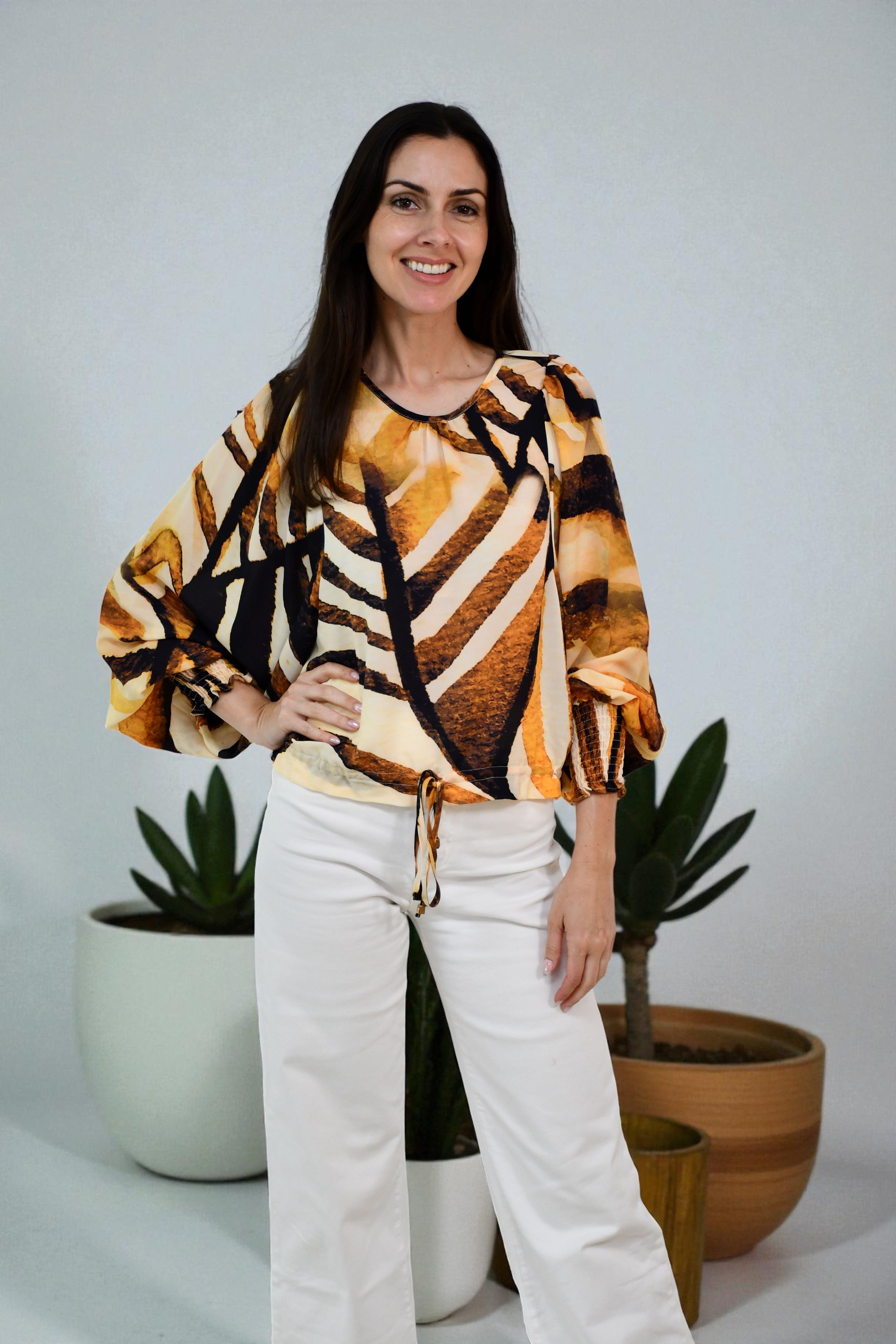 LA0967-9J Abstract Brushstroke Balloon Sleeve Blouse