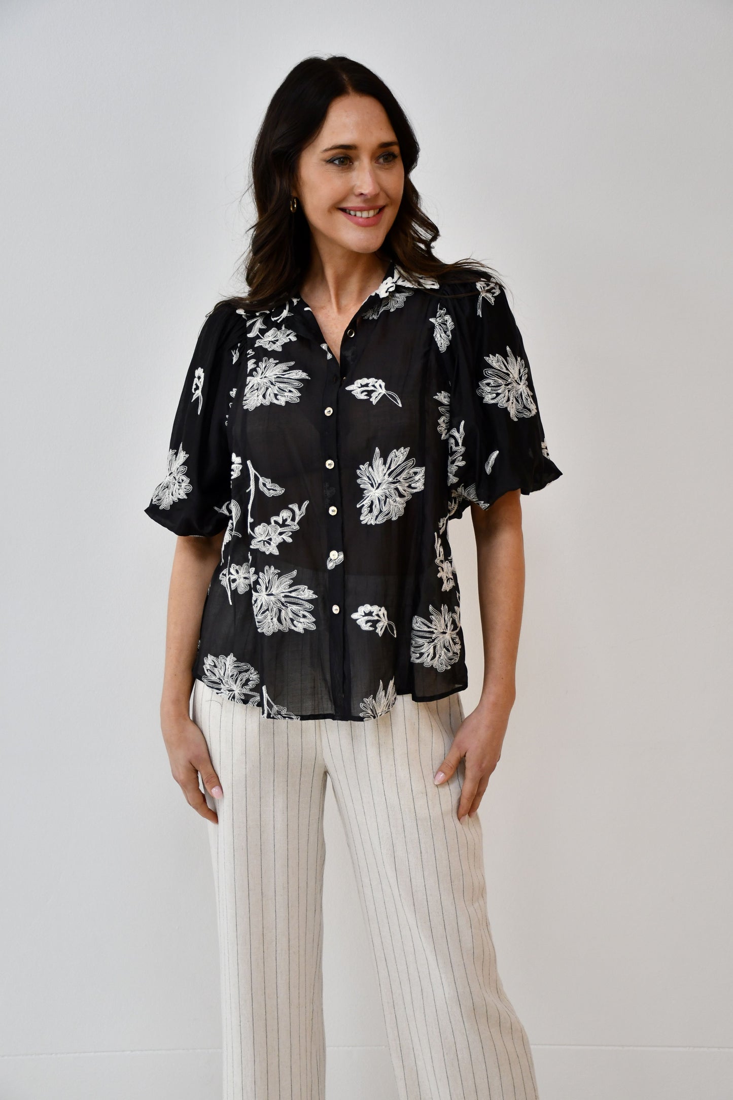 LA1065J  Black Sheer Floral Embroidered Puff Sleeve Blouse